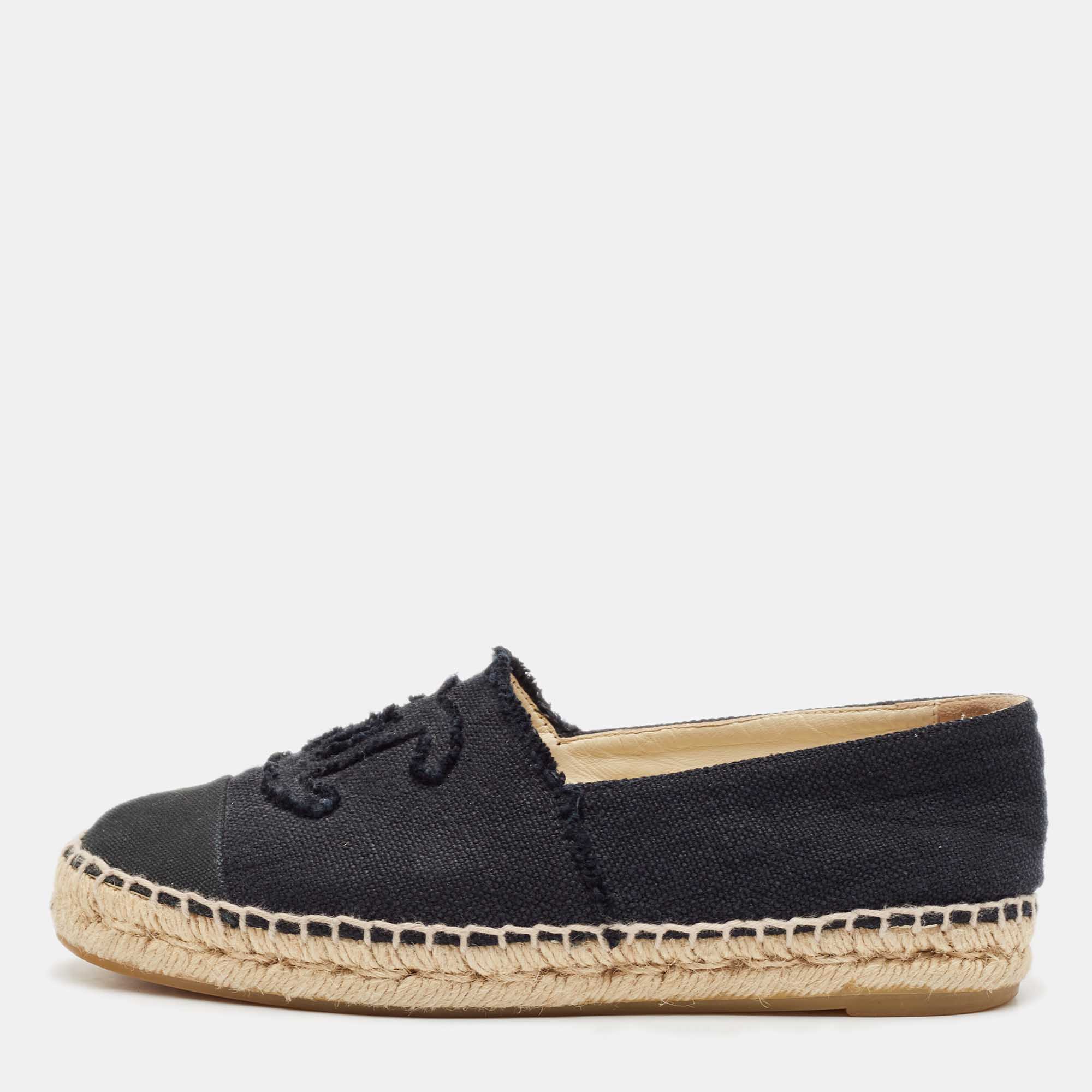 Pre Owned Chanel Black Canvas CC Cap Toe Espadrille Flats Size 37