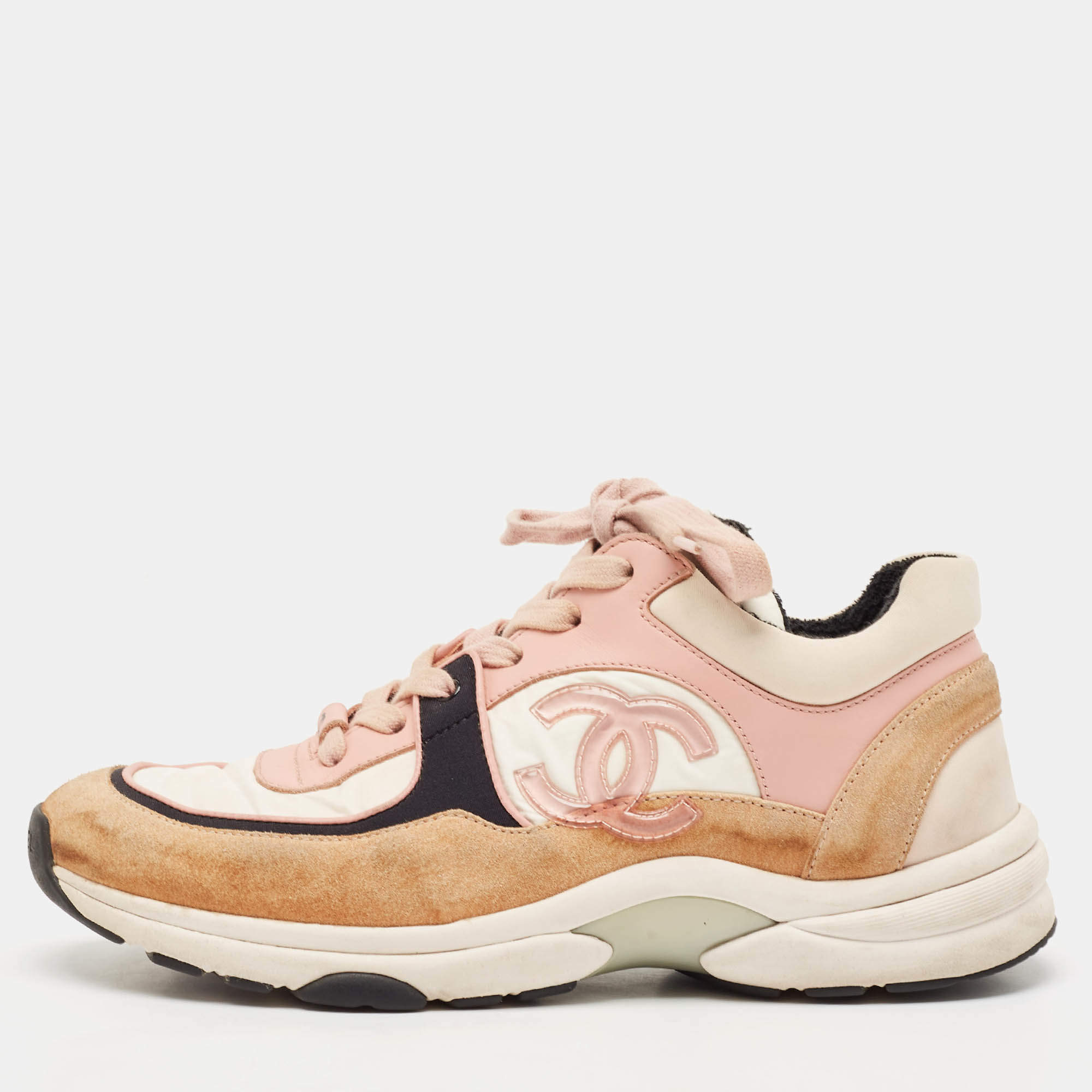 Chanel Multicolor Fabric and Leather CC Lace Up Sneakers Size 37.5