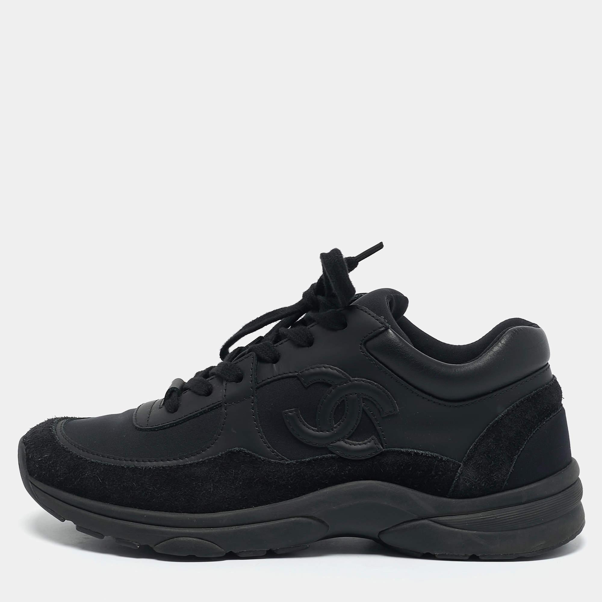 Chanel Black Suede and Nylon CC Low Top Sneakers Size 39