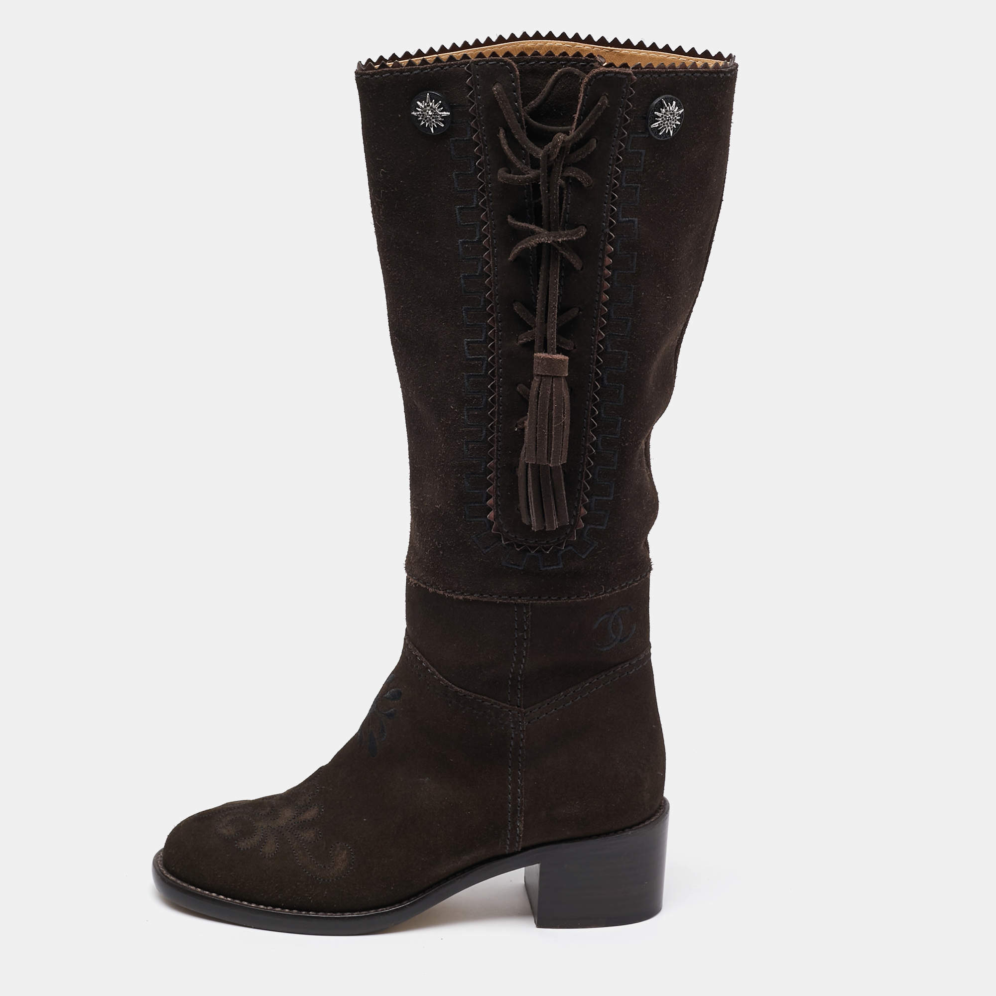 Chanel Dark Brown Suede Embroidered Tassel Calf Length Boots Size 37.5