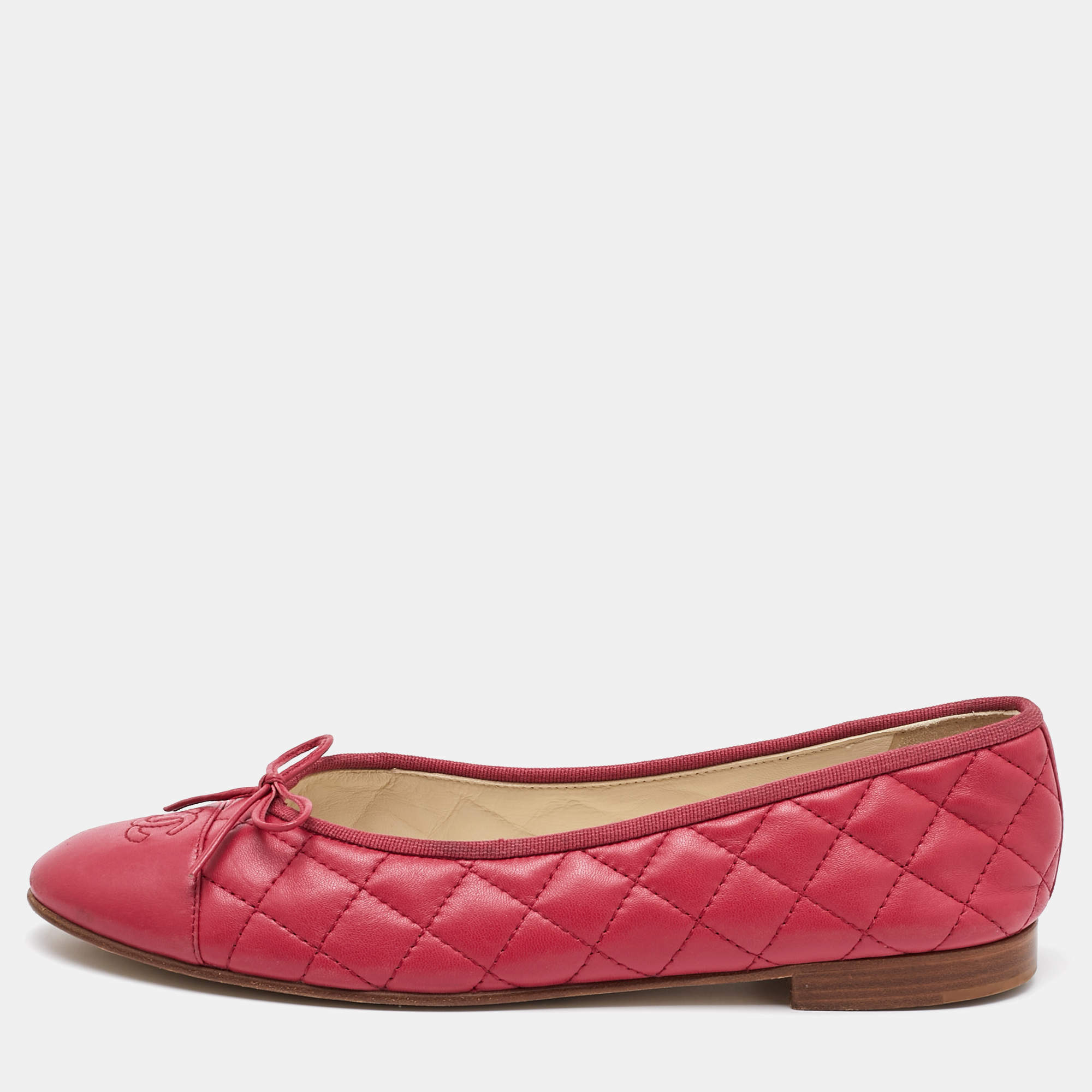 Pre Owned Chanel Dark Pink Quilted Leather Bow CC Cap Toe Ballet Flats Size 41