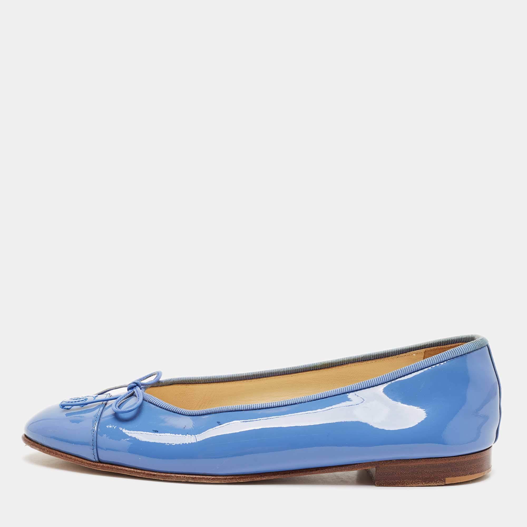 Chanel Blue Patent Leather CC Bow Cap Toe Ballet Flats Size 39