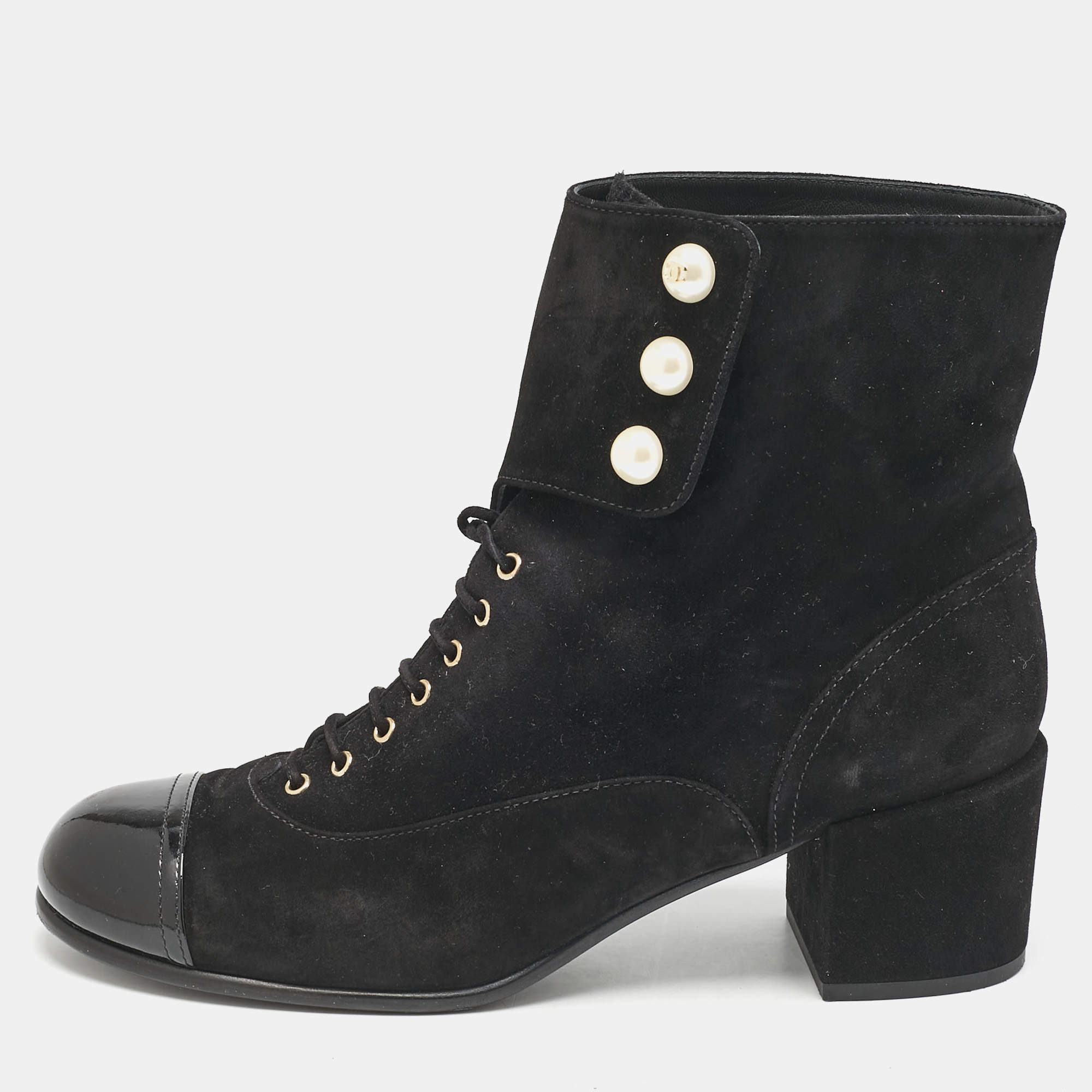 Chanel Black Suede and Patent Leather Cap Toe CC Pearl Ankle Boots Size 40