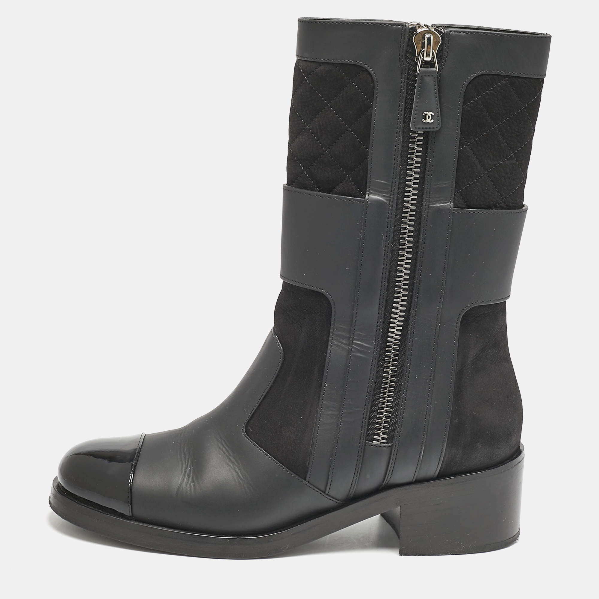 Chanel Black Leather CC Zipper Detail Moto Boots Size 39 