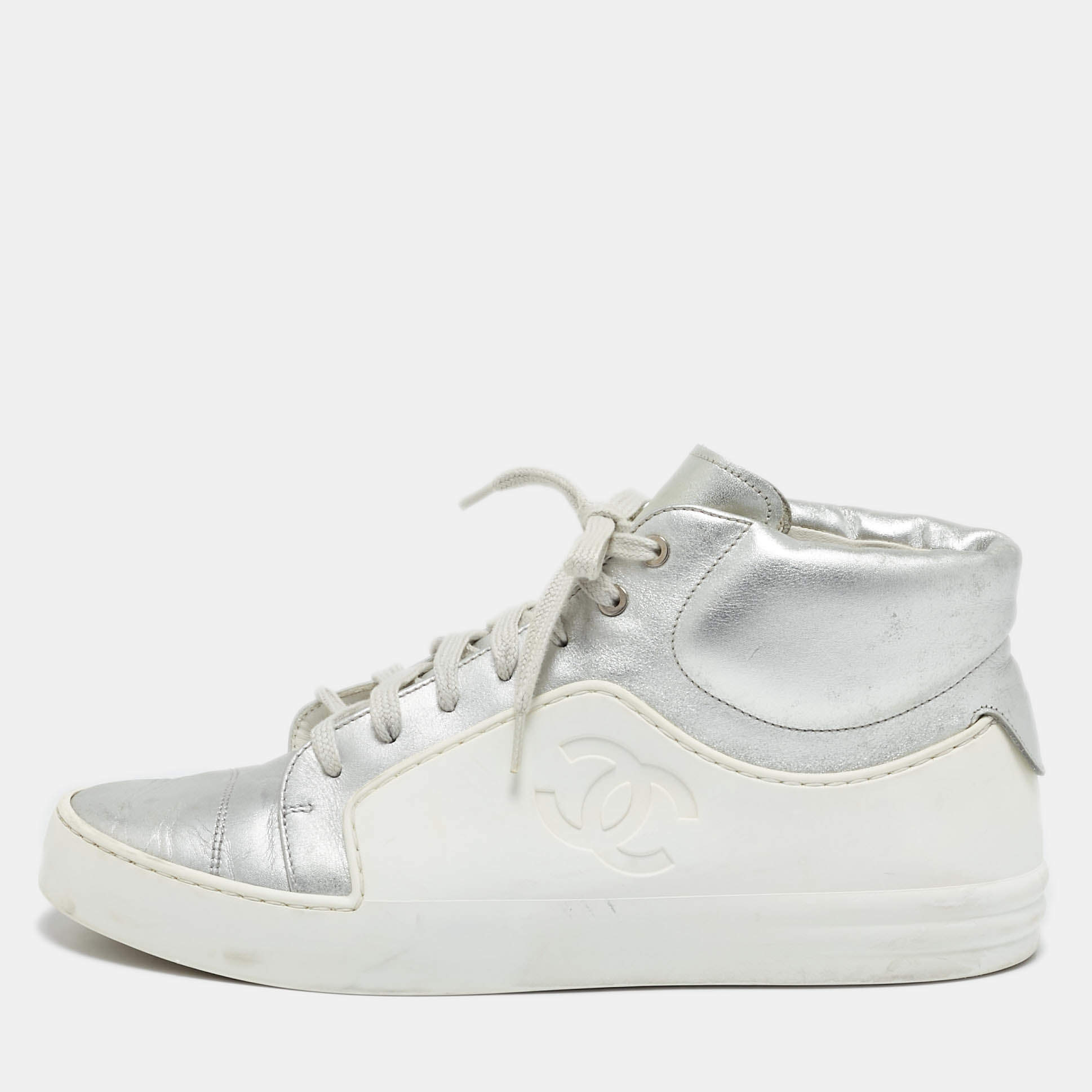 Chanel White/Silver Leather and Rubber High Top Sneakers Size 38