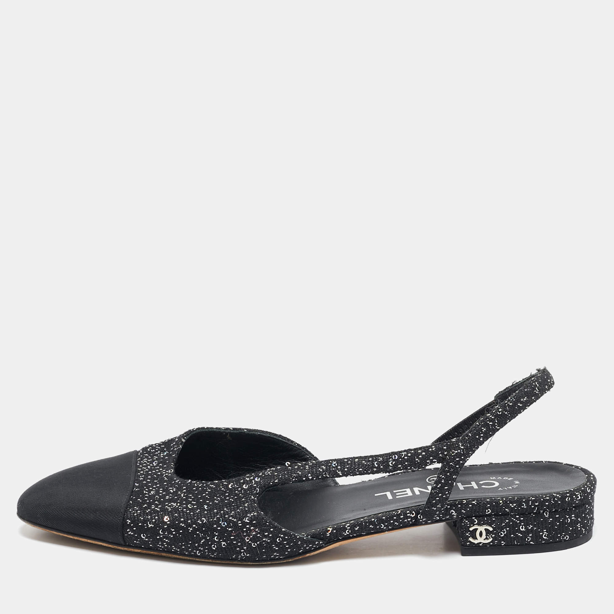 Chanel White/Black Tweed and Canvas CC Toe Slingback Sandals Size 38.5