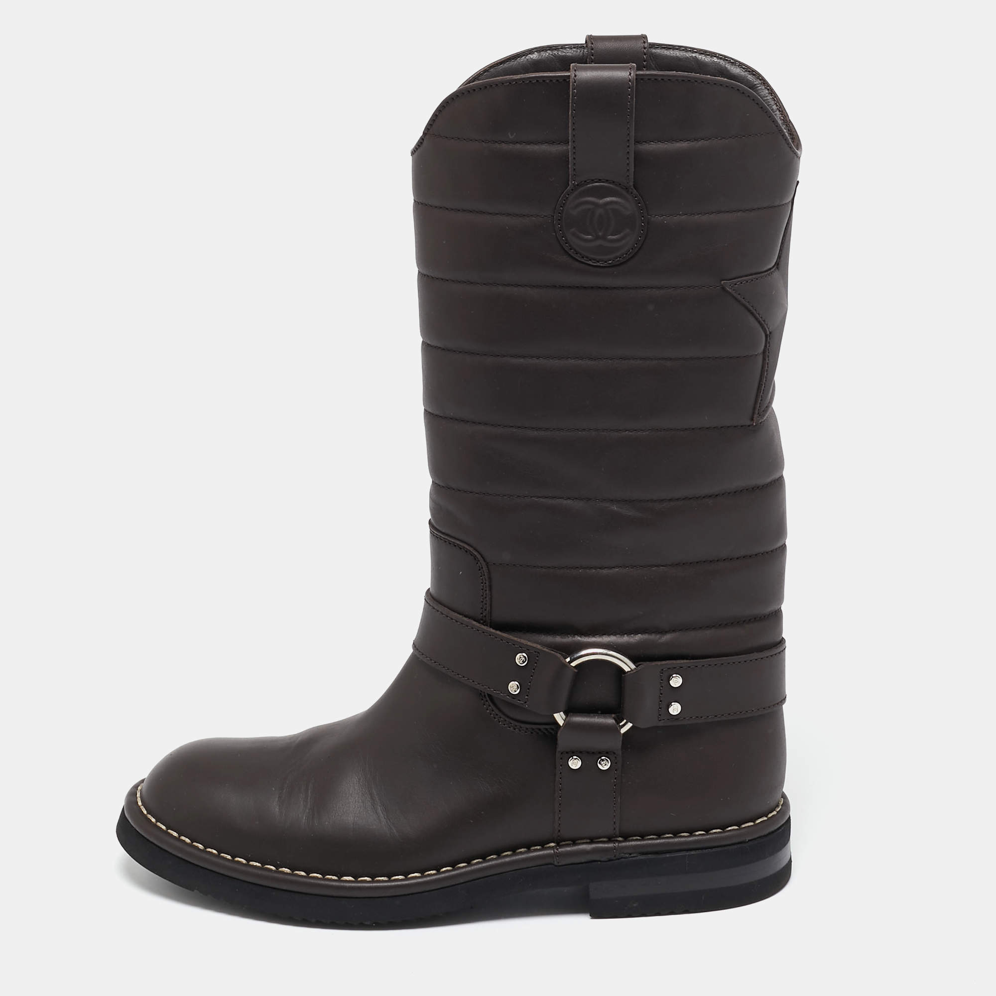 Chanel Brown Leather Star Harness CC Mid Calf Boots Size 39