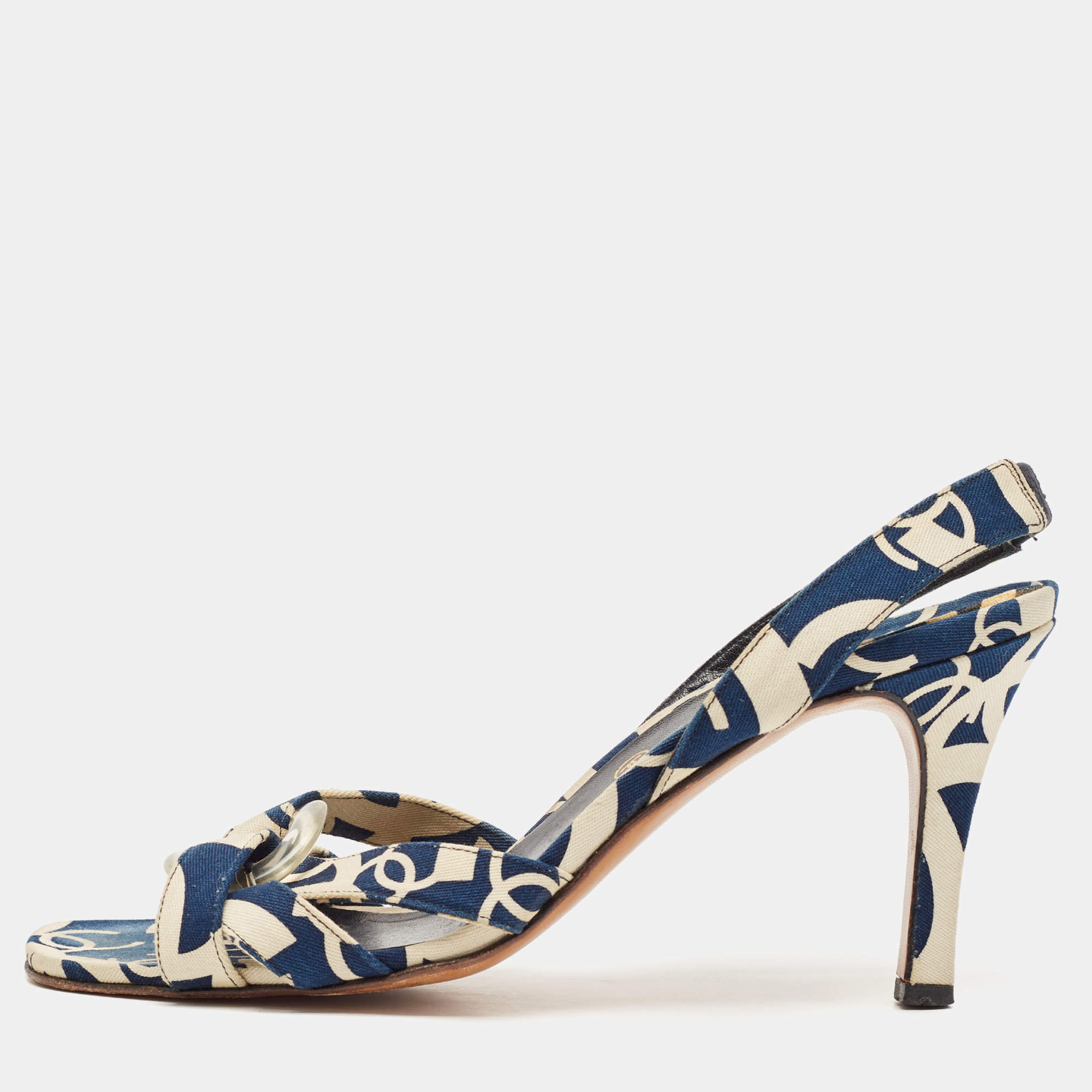 Chanel Blue/White Printed Canvas Slingback Sandals Size 39.5