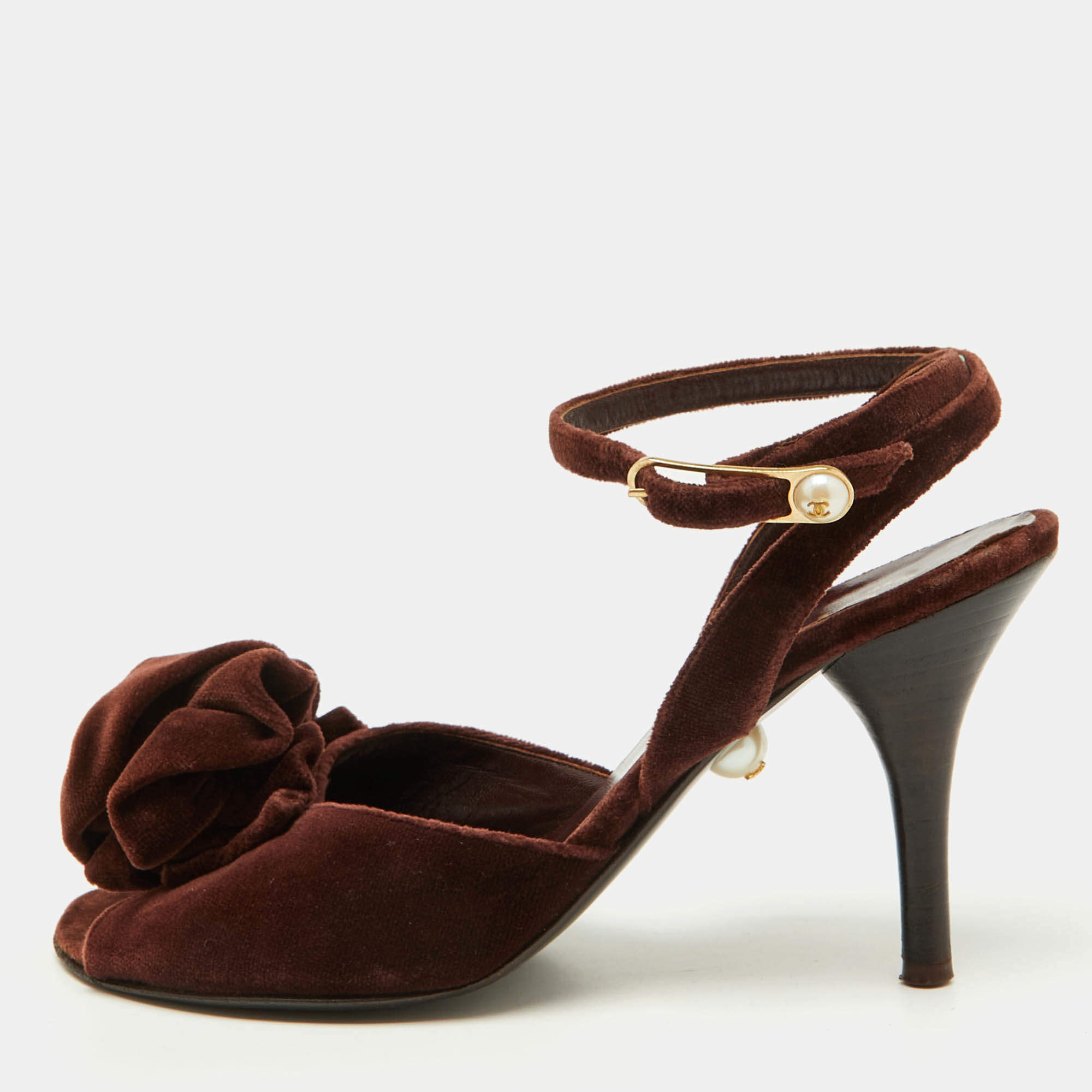 Chanel Dark Brown Velvet Ankle Strap Sandals Size 36.5
