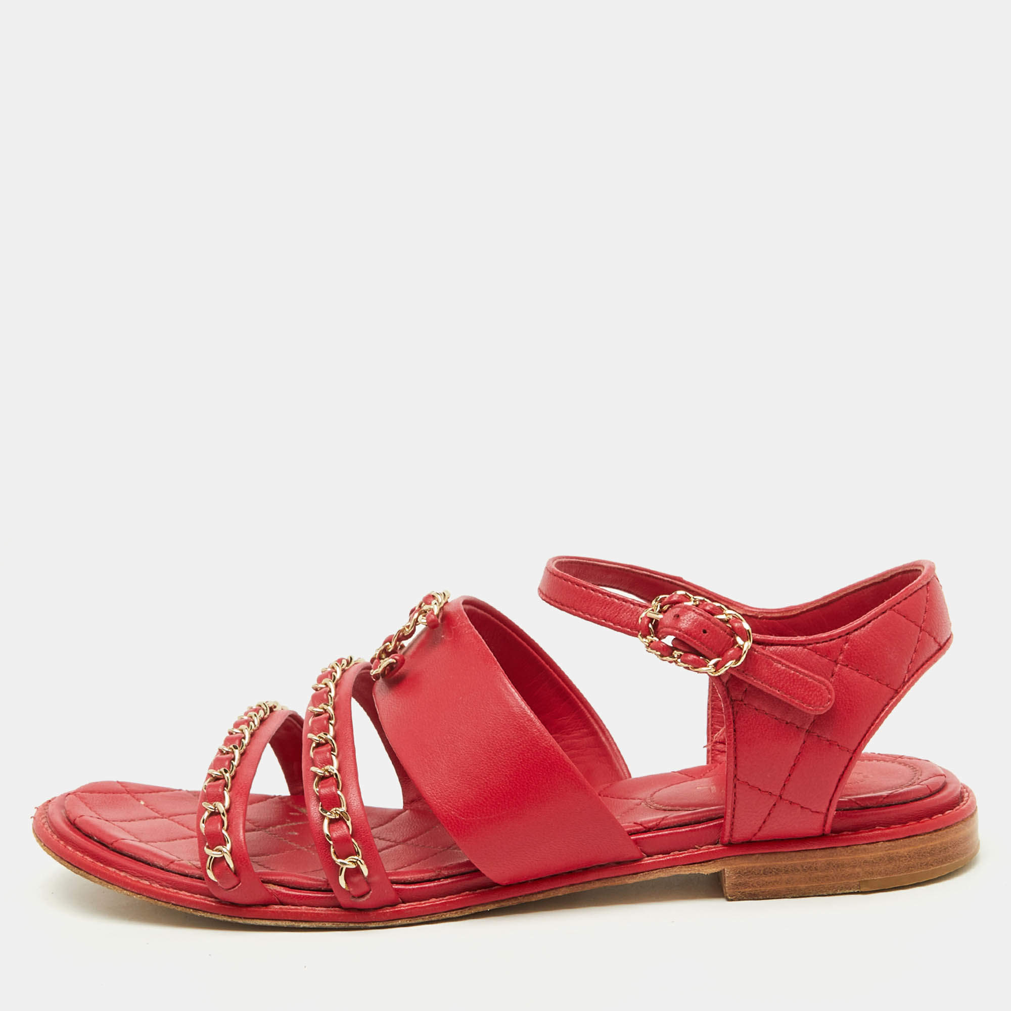 Chanel Red Leather CC Chain Detail Ankle Strap Flat Sandals Size 39.5