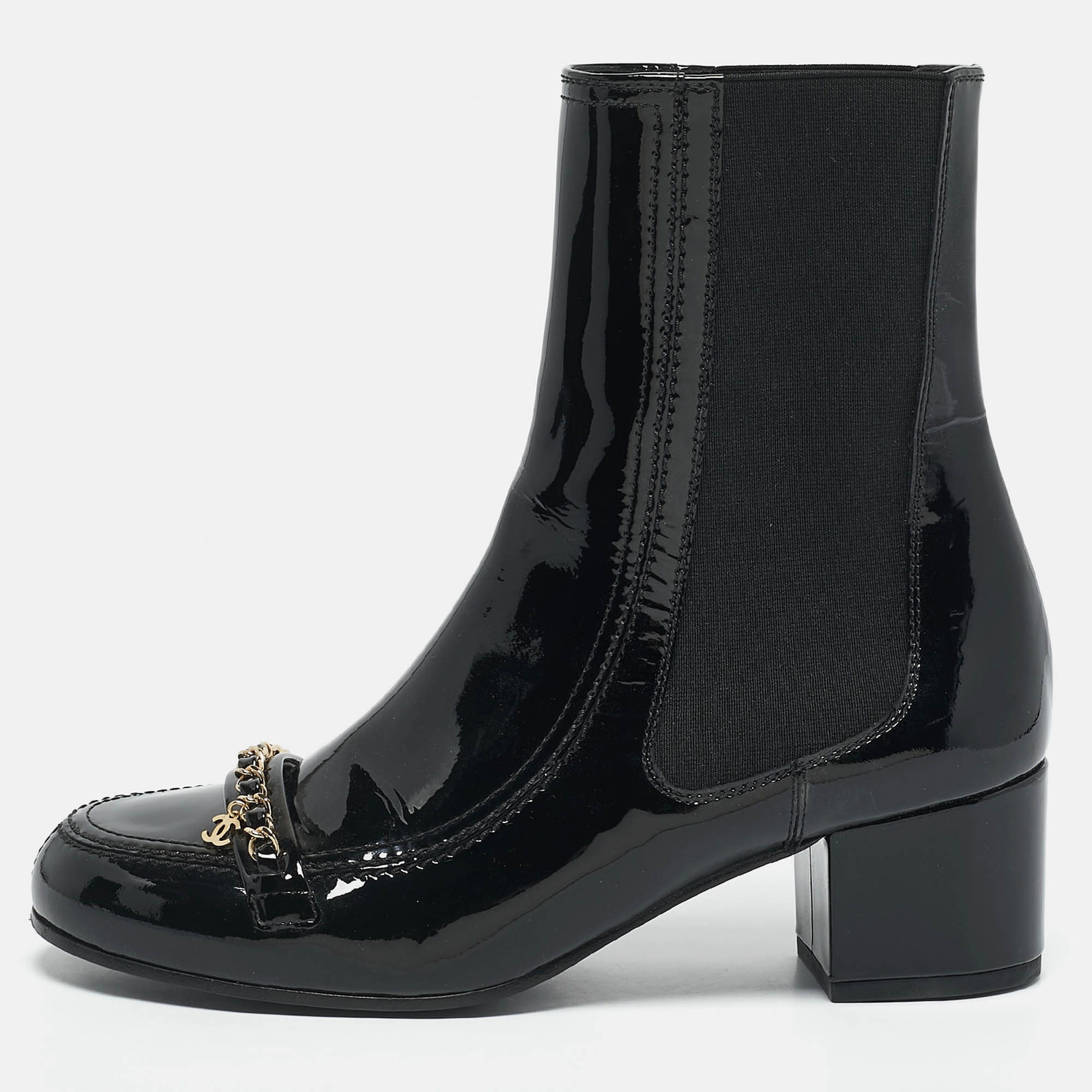Chanel Black Patent Leather CC Chain Detail Ankle Boots Size 39