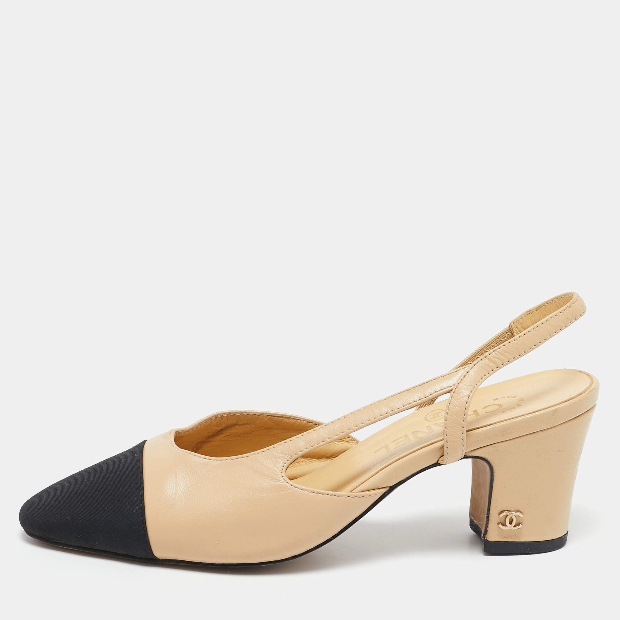مملوكة مسبقًا Chanel Beige/Black Leather and Grosgrain CC Slingback Pumps Size 37.5