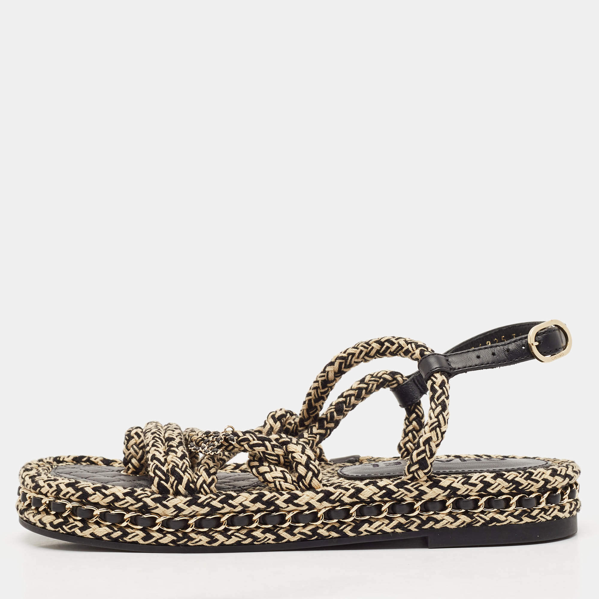 Chanel Beige/Black Quilted Leather and Rope CC Dad Sandals Size 36