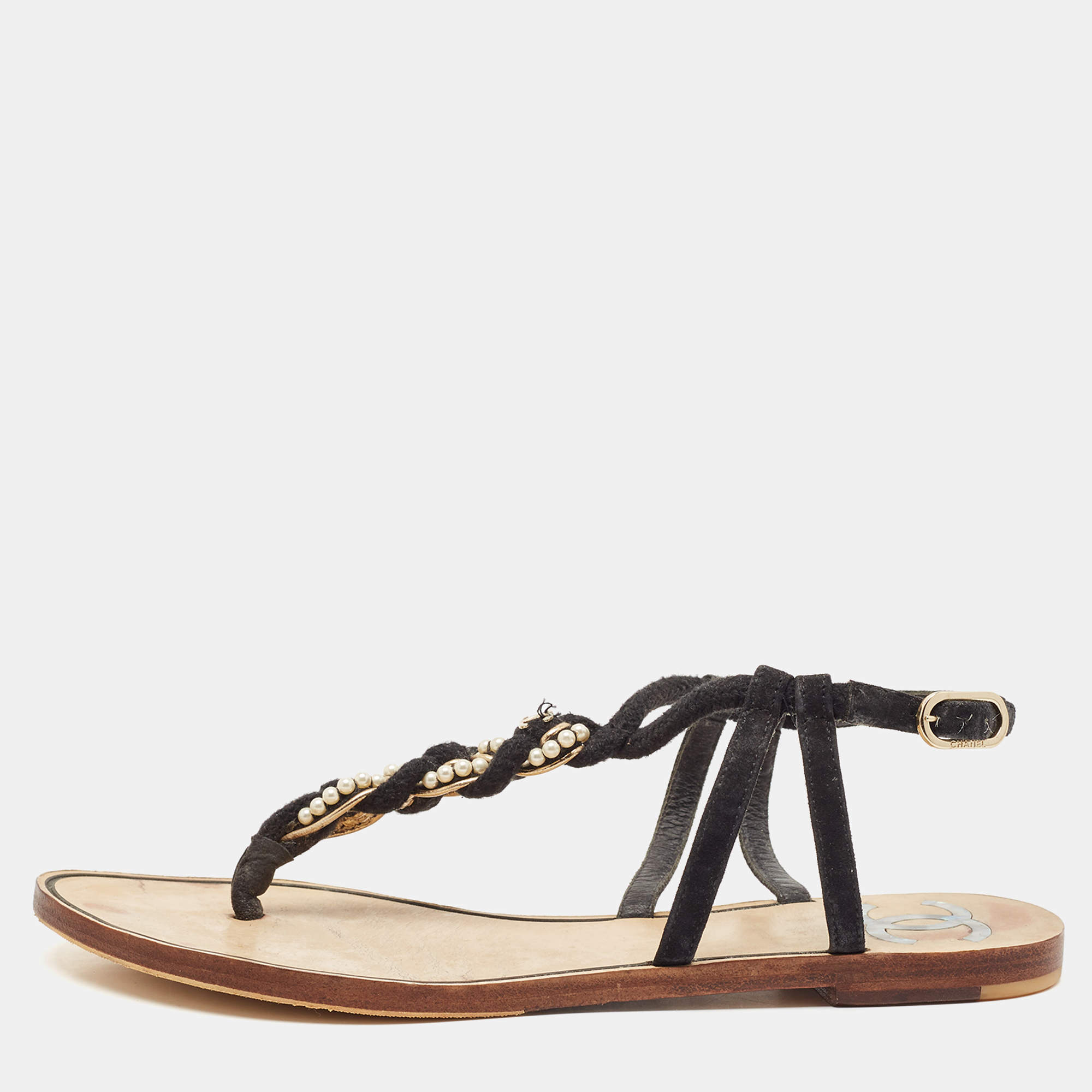 Chanel Black Rope and Suede CC Slingback Flat Sandals Size 37