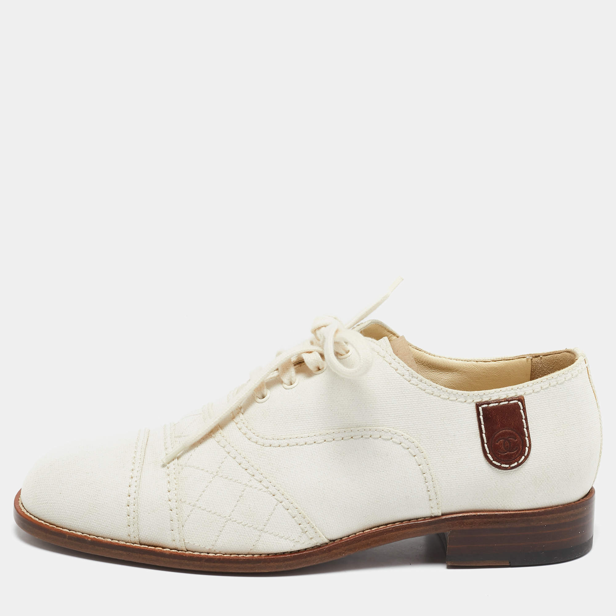 Chanel White Canvas Lace Up Oxfords Size 40