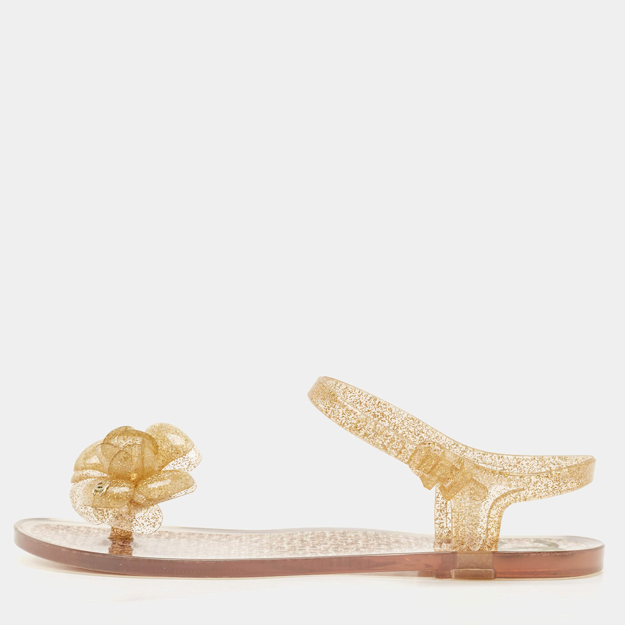 Chanel Gold Glitter Jelly Camellia Flower Flat Sandals Size 37