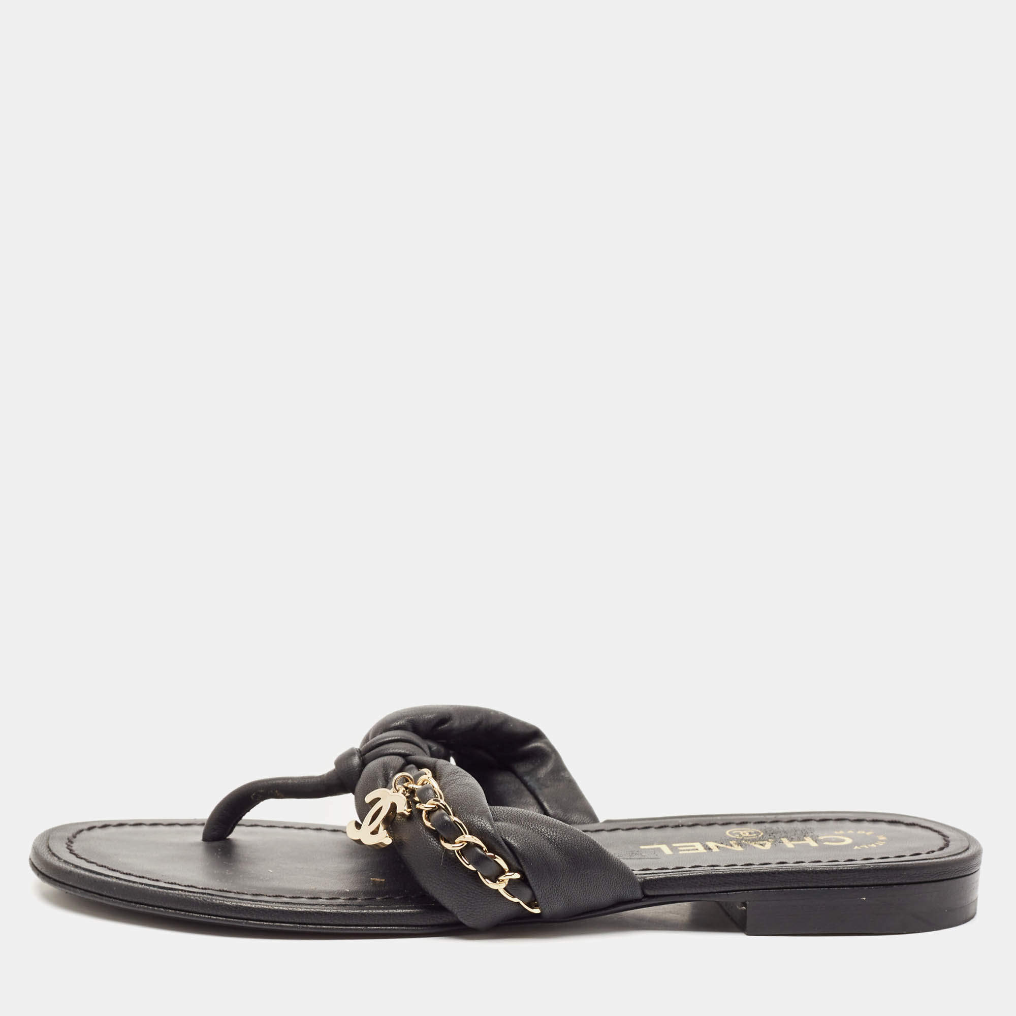 Chanel Black  Braided Leather Chain Detail Flat Thong Sandals Size 38