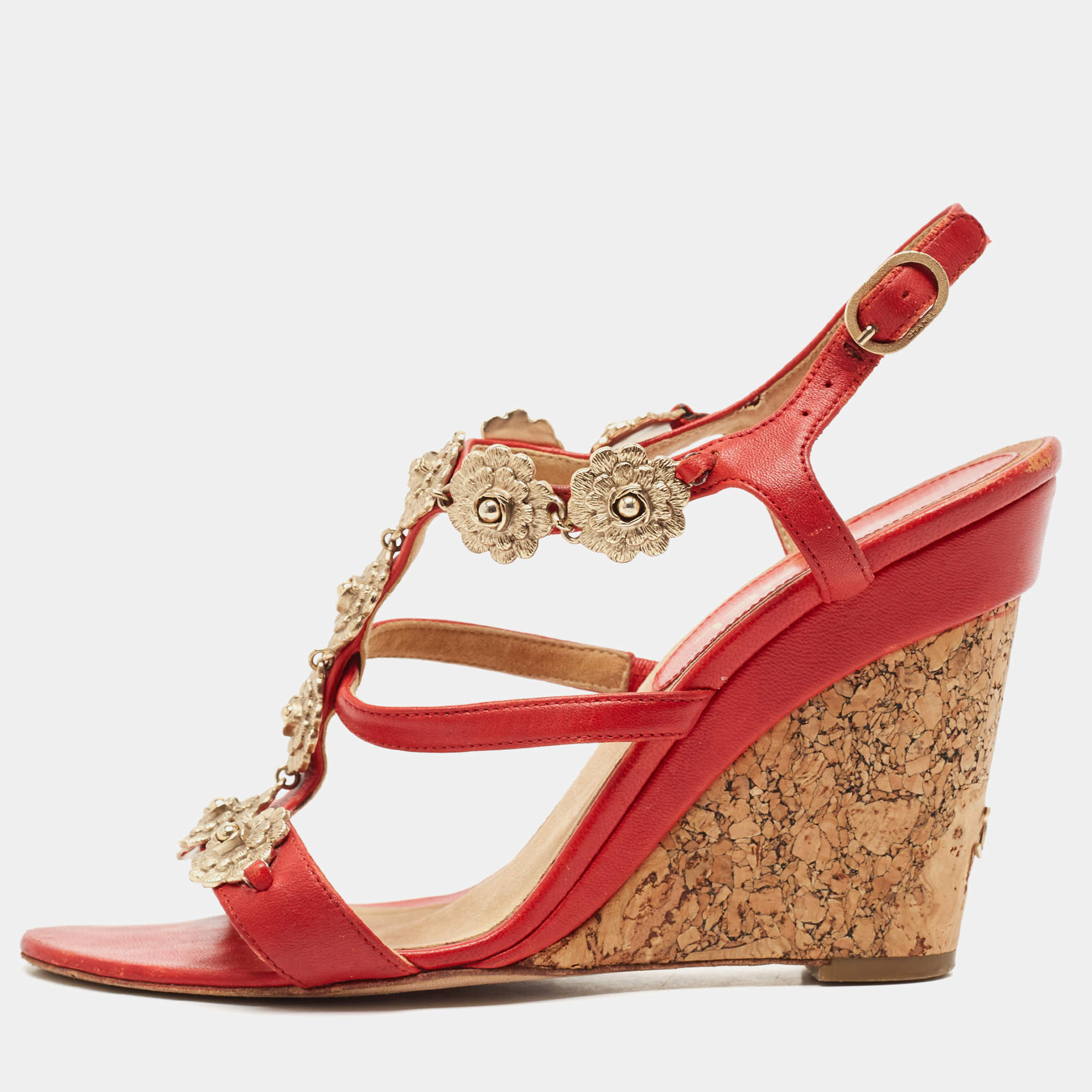 Chanel Red Leather Floral Metal CC Cork Wedge Sandals Size 38