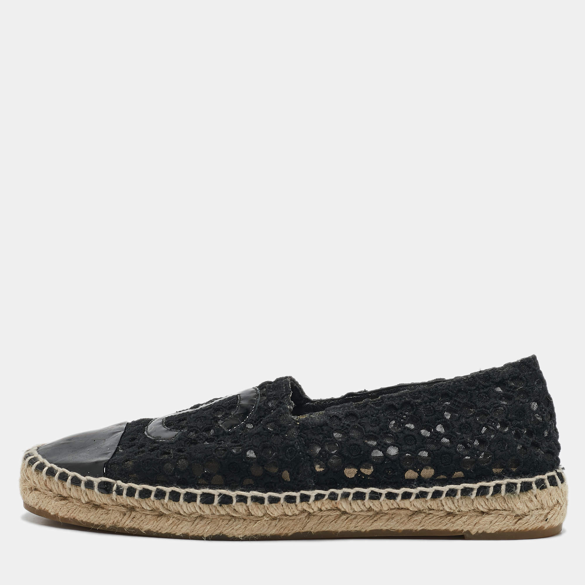 Chanel Black Mesh and Patent Leather CC Espadrille Flats Size 38