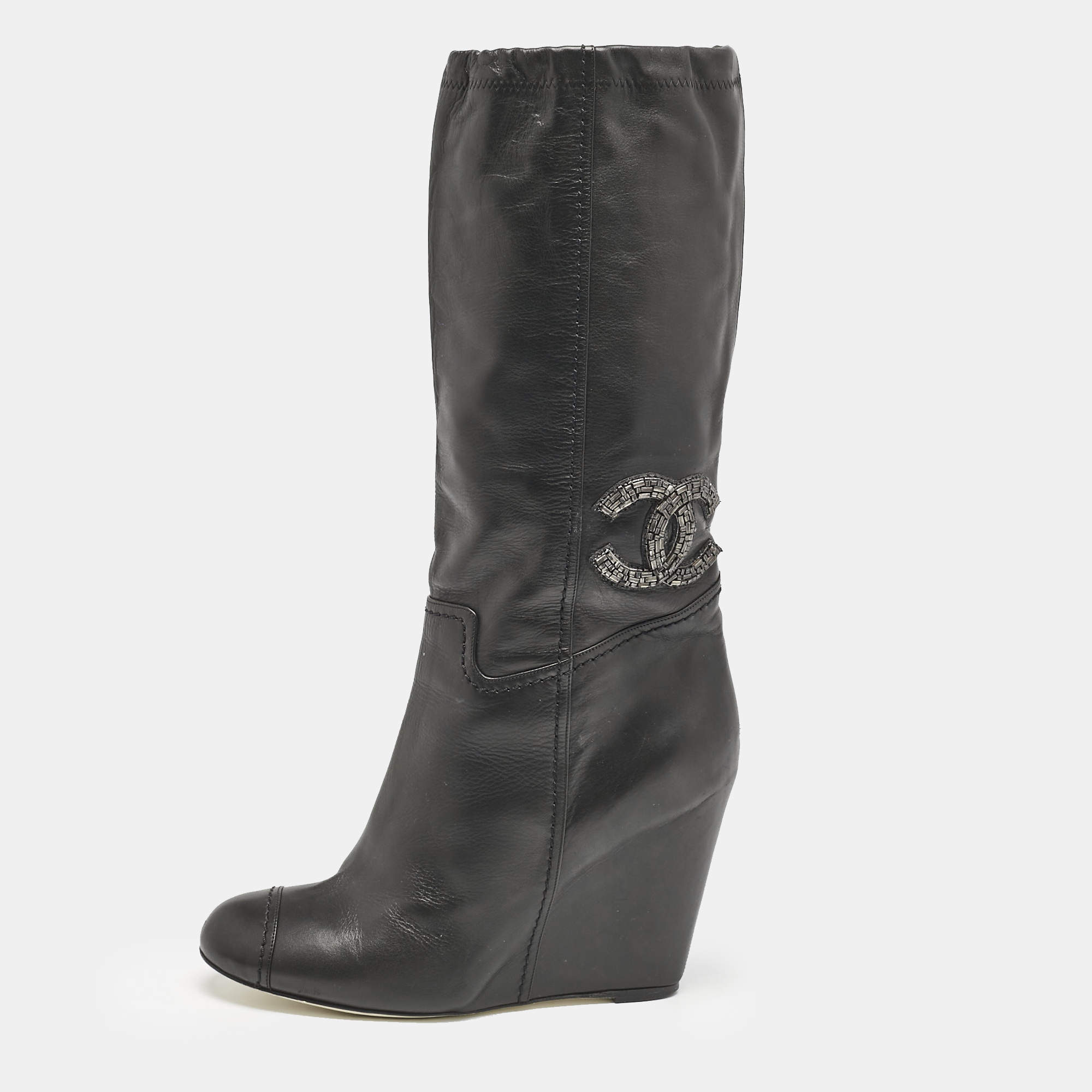 Chanel Black Leather CC Knee Length Boots Size 39.5