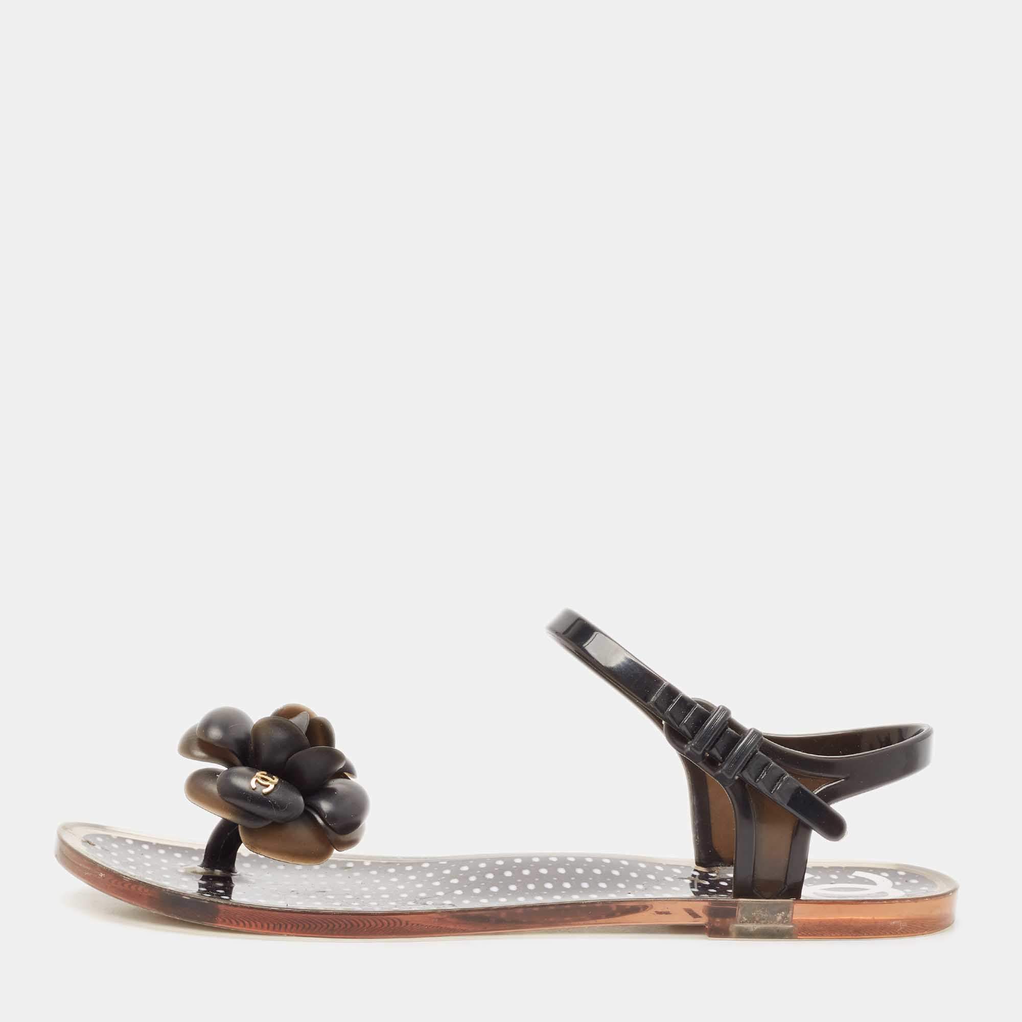 Pre Owned Chanel Black Jelly Camellia Flower Flat Sandals Size 38