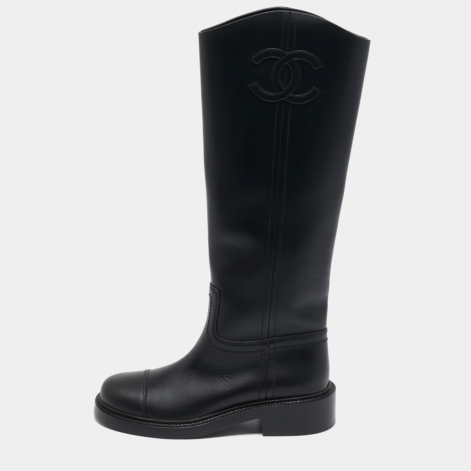 Chanel Black Calf Leather Knee Length Boots Size 38.5