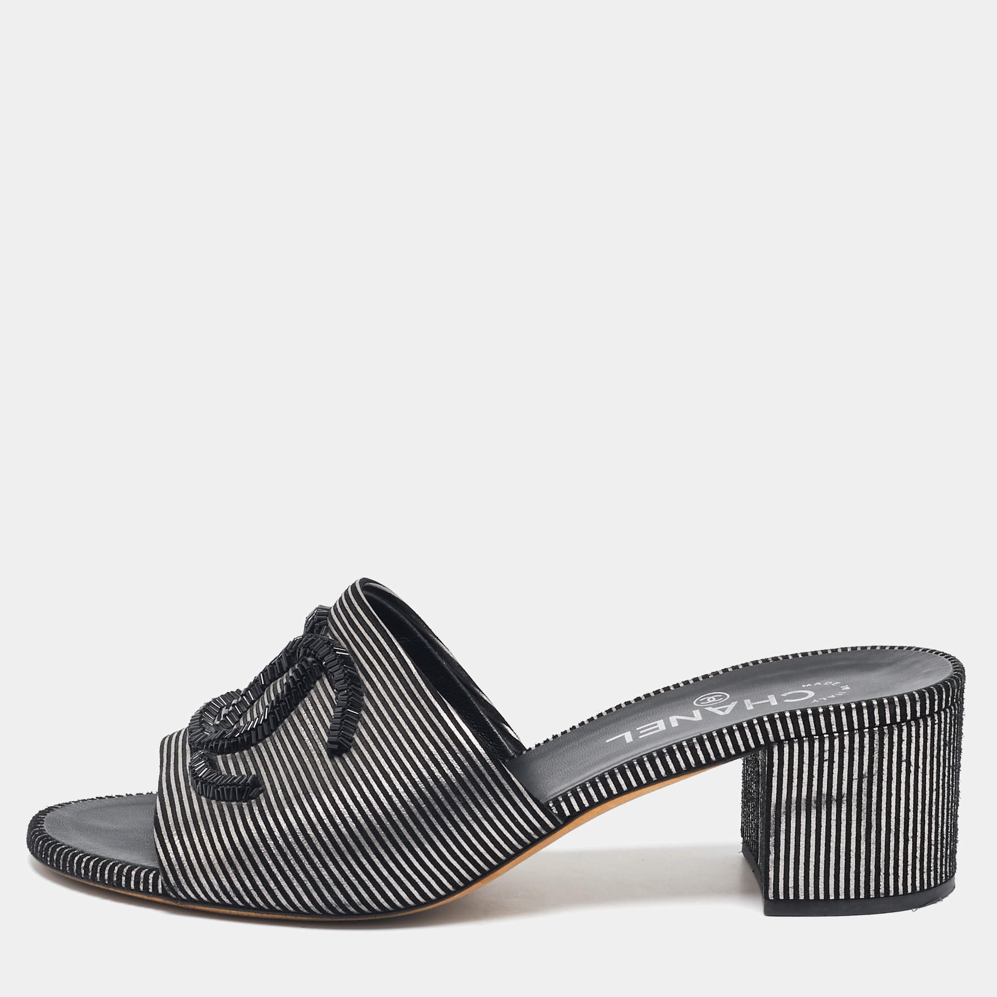 Chanel Gold/Black Suede  CC Logo Slide Sandals Size 39.5
