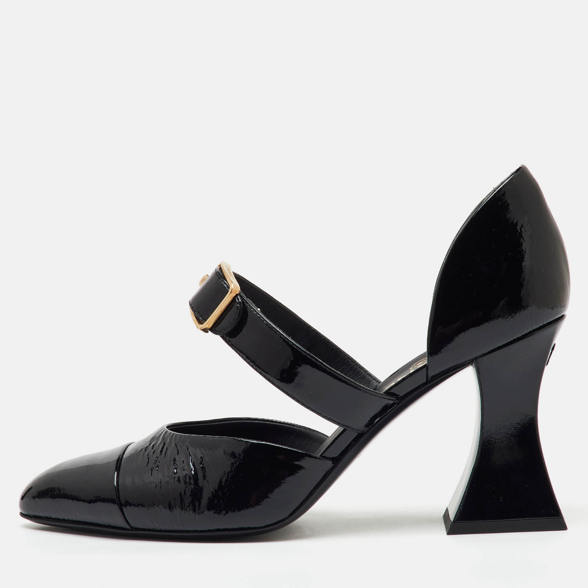 Chanel Black Patent Leather Mary Jane Buckle D'orsay Pumps Size 39