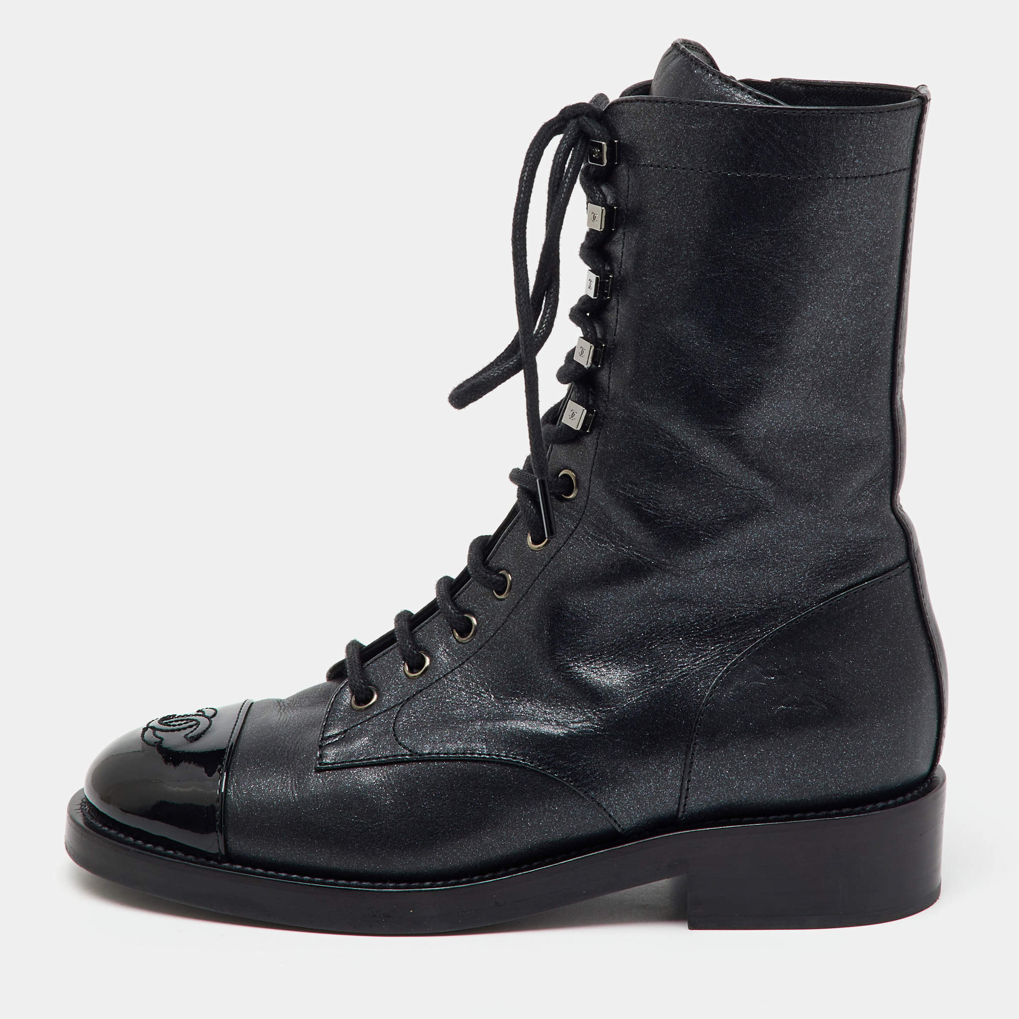 Chanel Black Metallic Leather CC Cap Toe Lace Up Combat Boots Size 38.5