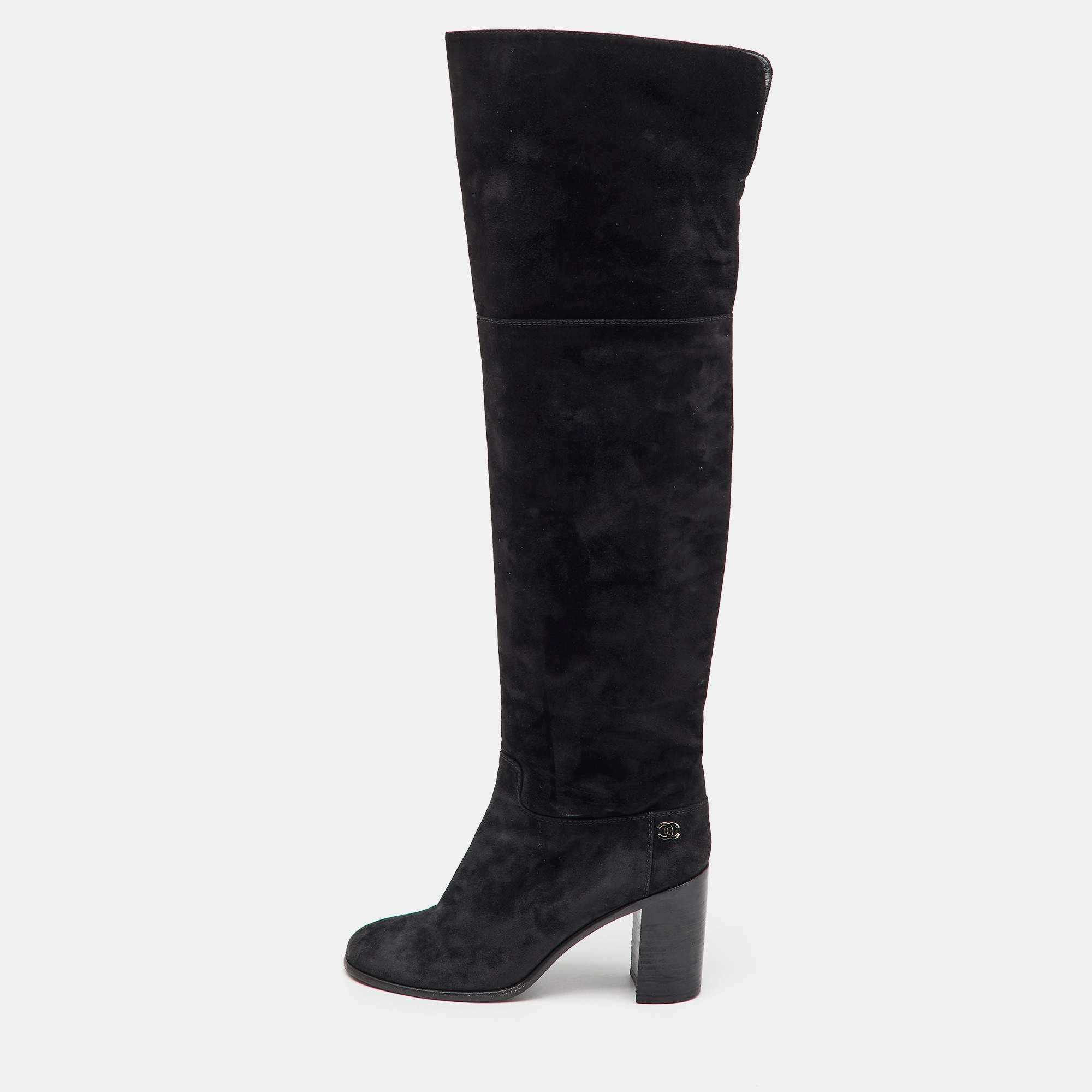 Chanel Black Suede CC Block Heel Knee Length Boots Size 38.5