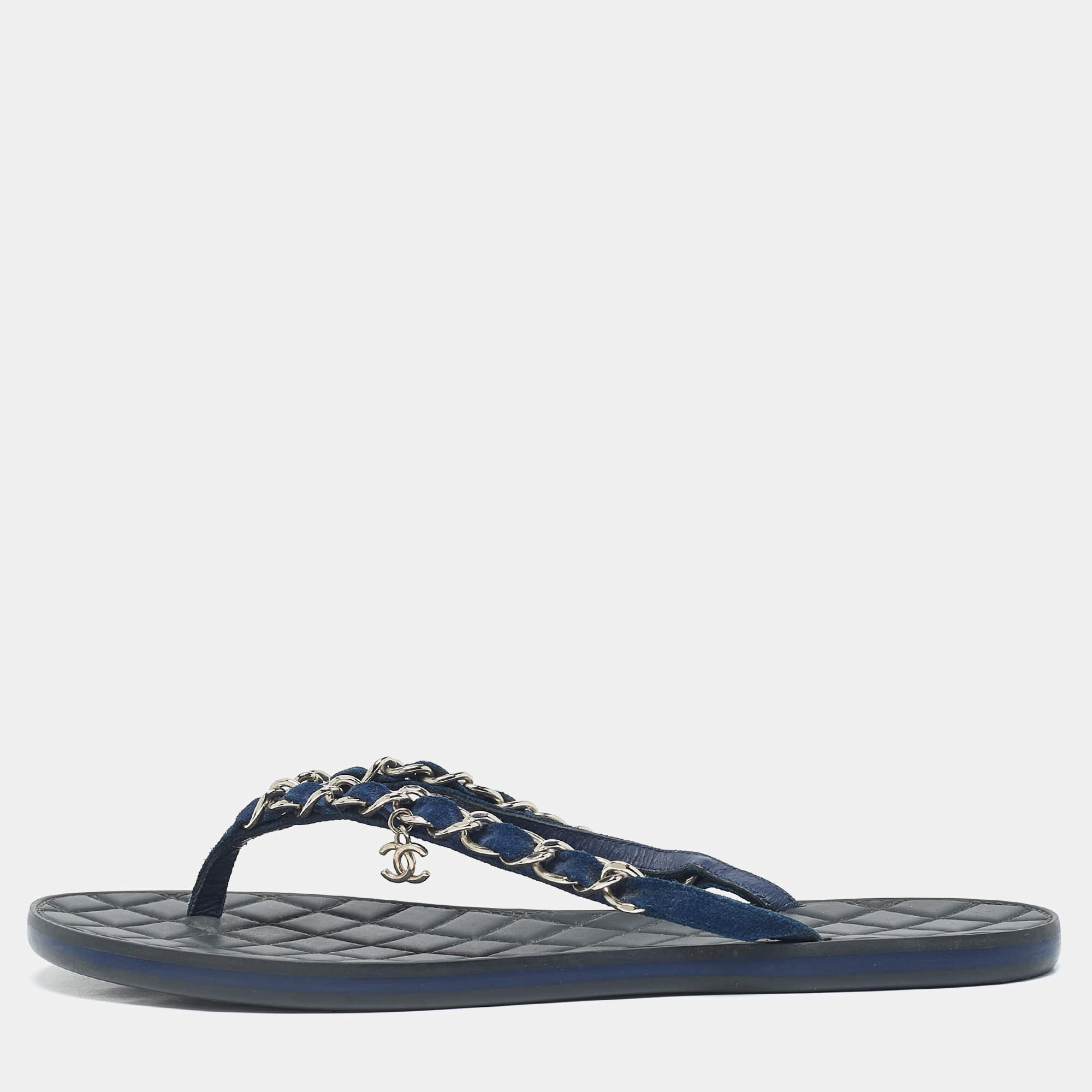 Pre Owned Chanel Navy Blue Suede Chain Link Thong Flats Size 39