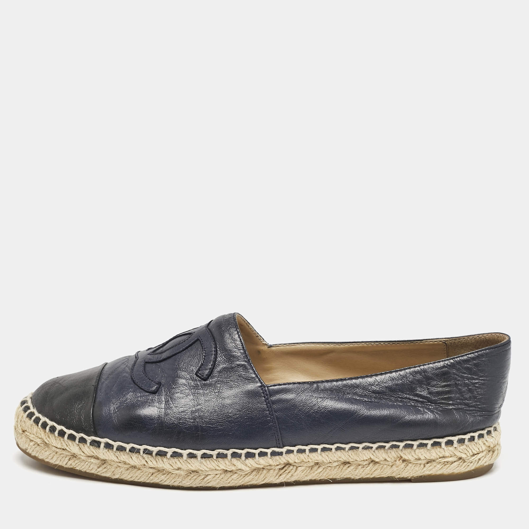Chanel Black/Navy Blue Leather CC Cap Toe Espadrille Flats Size 40