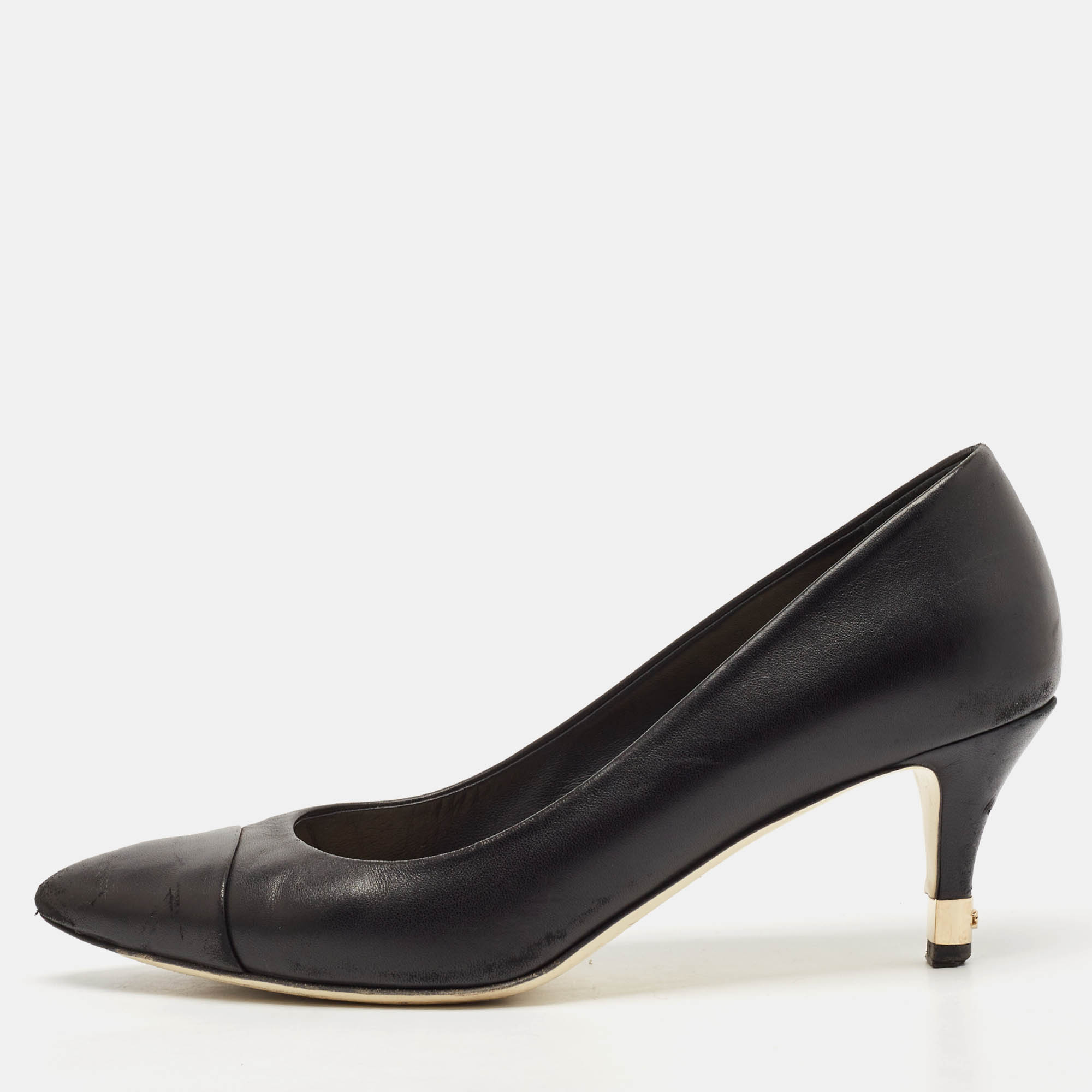 Chanel Black Leather Cap Toe Pumps Size 38.5