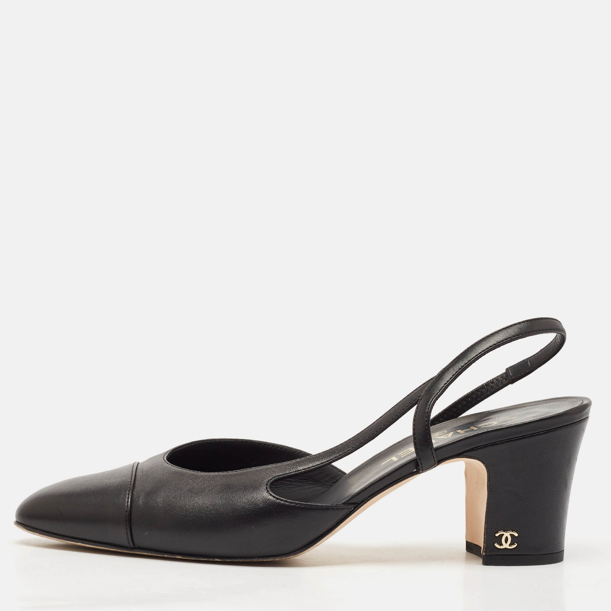 Pre Owned Chanel Black Leather CC Cap Toe Slingback Pumps Size 40.5