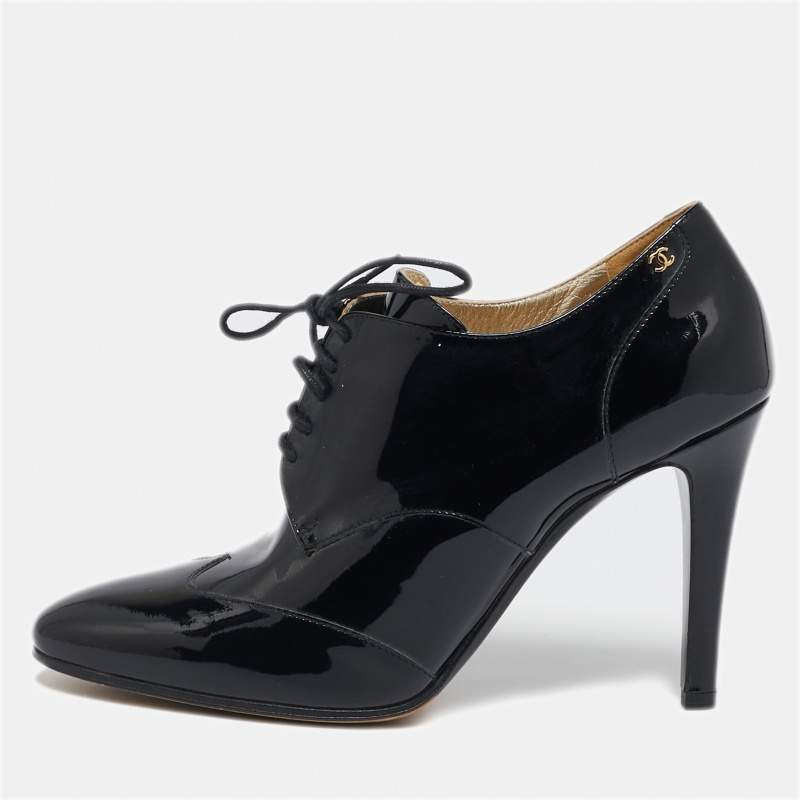 Chanel Black Patent Leather CC Booties Size 39