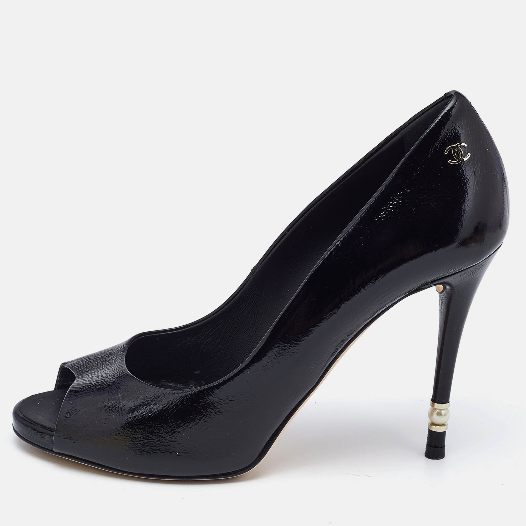 Pre Owned Chanel Black Patent Leather CC Peep Toe Pumps Size 38.5