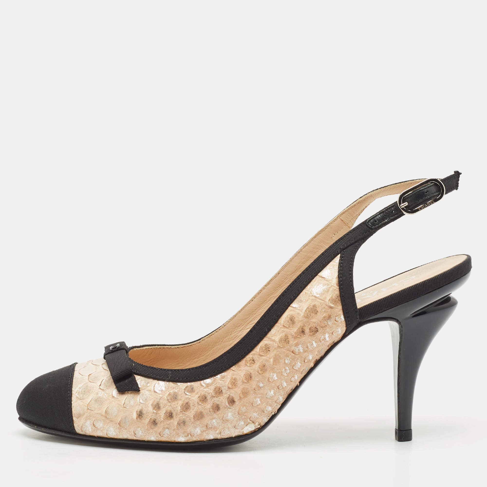 Pre Owned Chanel Black/Beige Canvas and Python Leather Bow Slingback Pumps Size 39