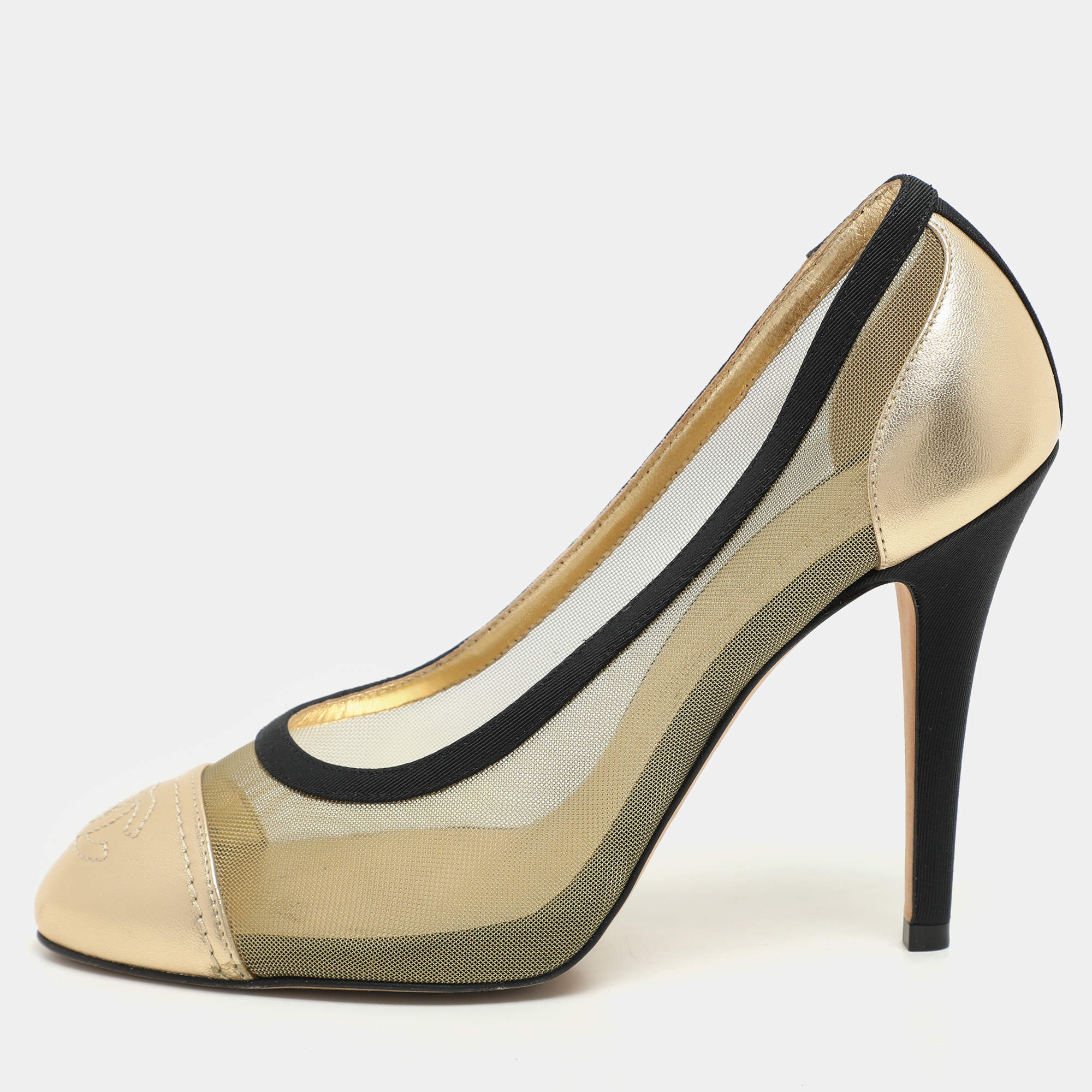 Chanel Gold/Black Leather And Mesh CC Cap Toe Pumps Size 36