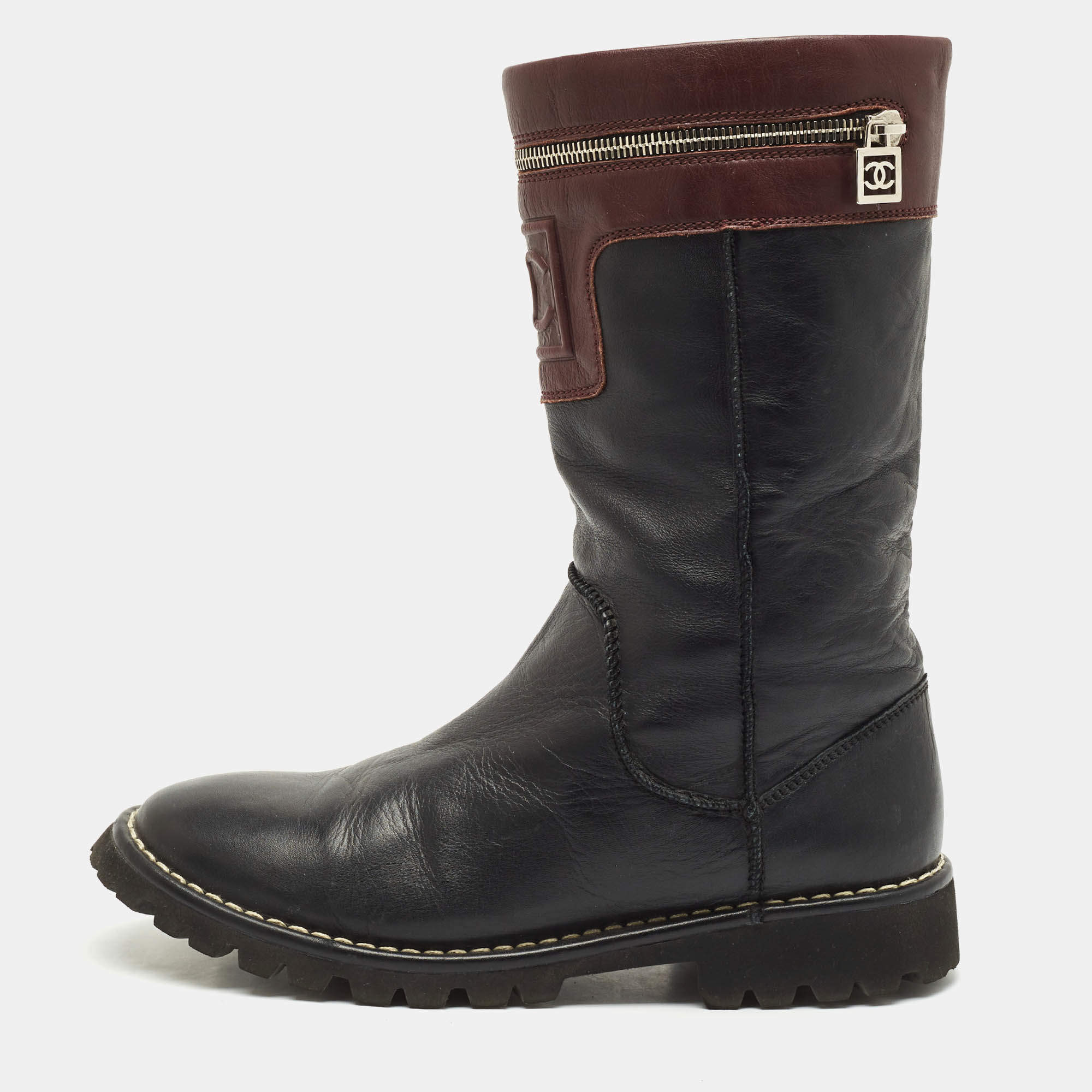 Chanel Black/Burgundy Quilted Leather Motorcycle Boots Size 39.5