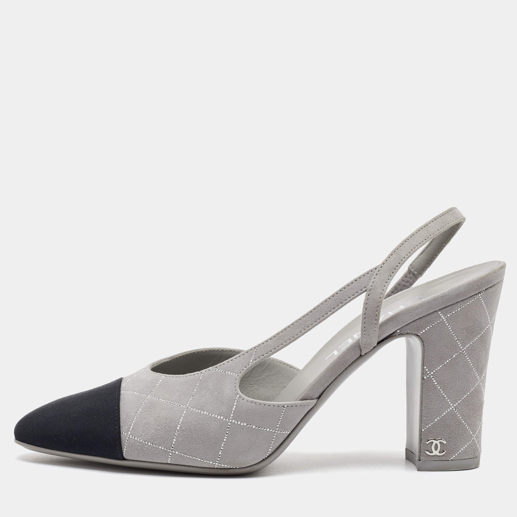 Pre Owned Chanel Grey/Black Suede and Fabric Block Heel Slingback Sandals Size 39