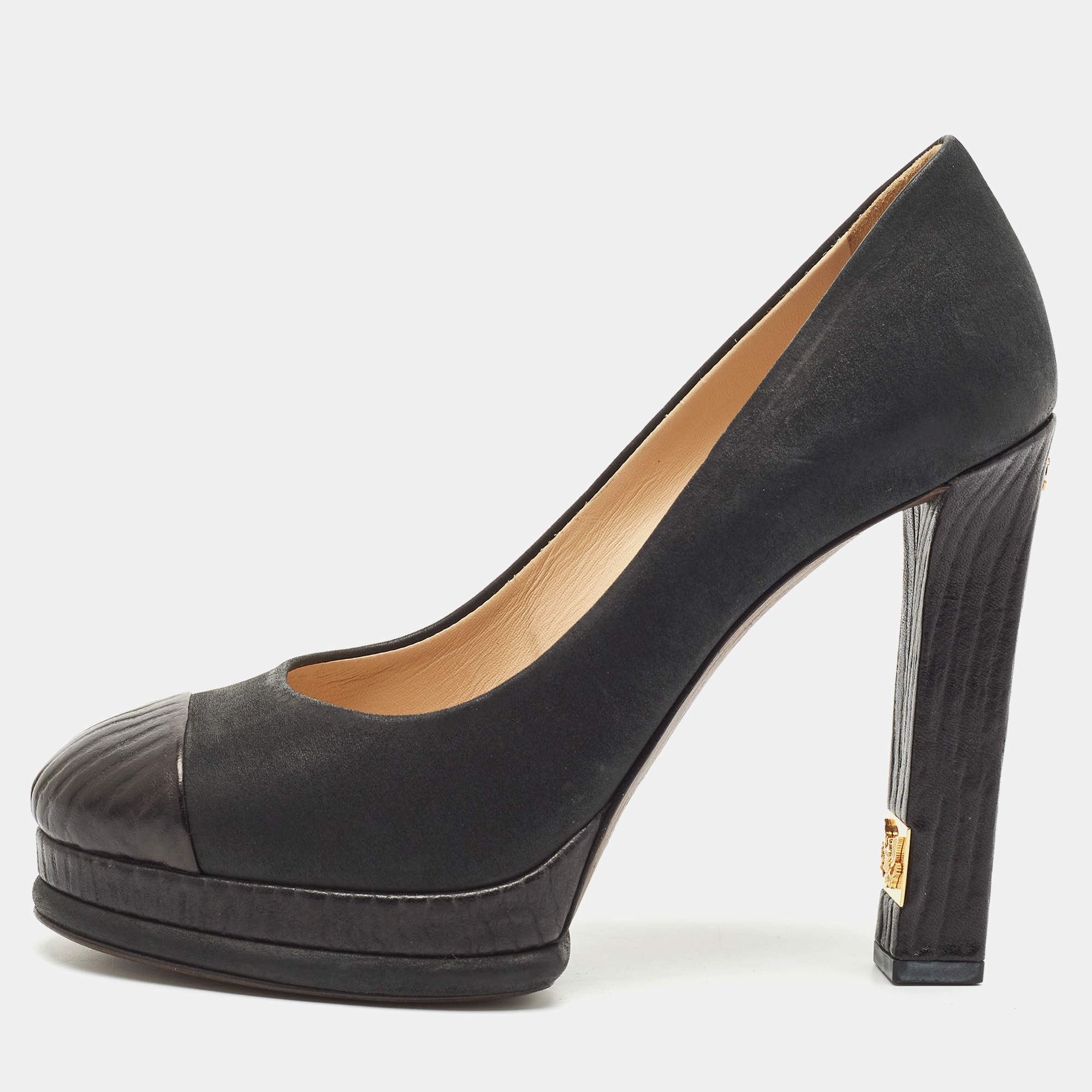 Chanel Black Nubuck and Leather CC Embellished Block Heel Pumps Size 40