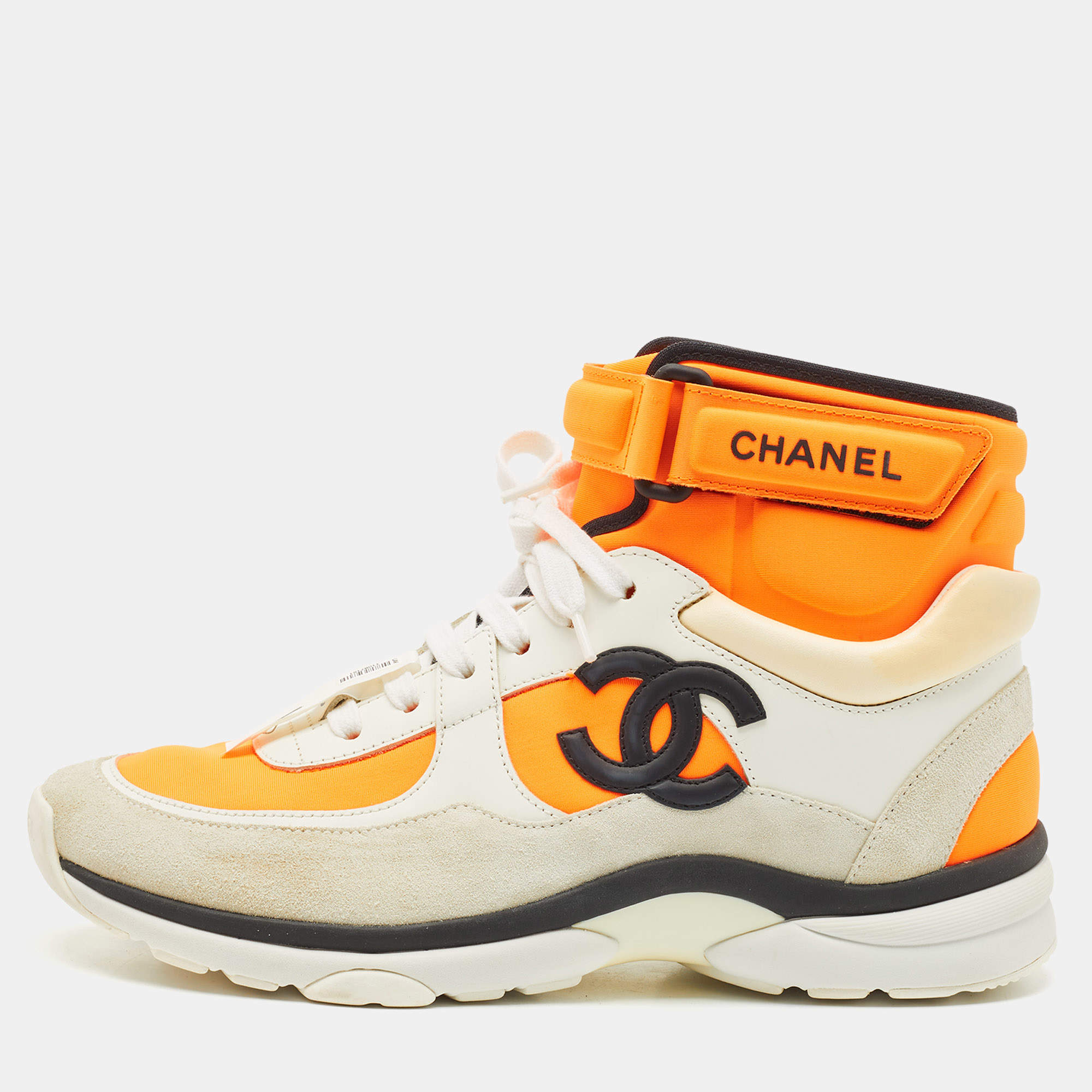 Pre Owned Chanel Orange/White Leather and Suede CC High Top Sneakers Size 38