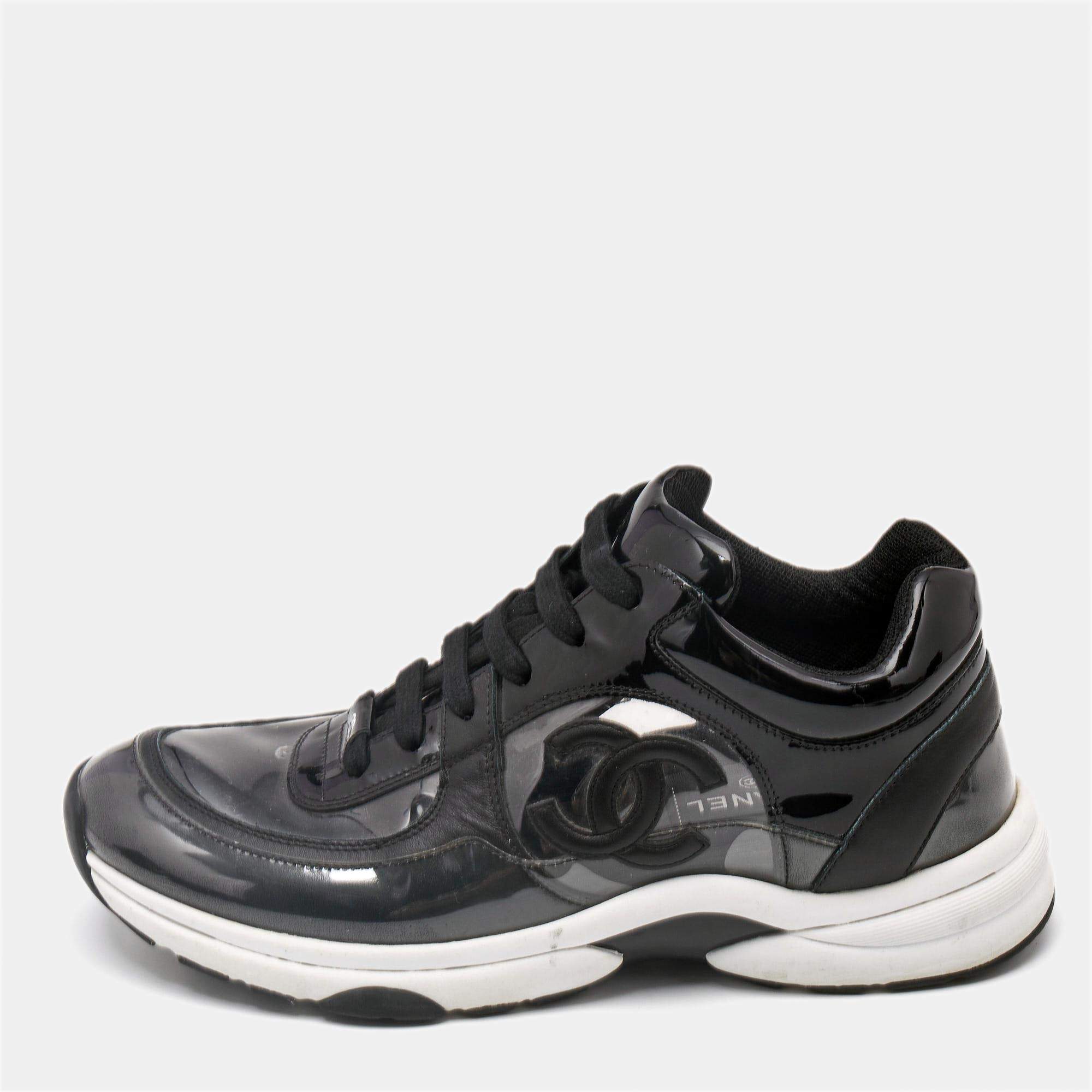 Pre Owned Chanel Black Patent Leather and PVC CC Low Top Sneakers Size 38.5
