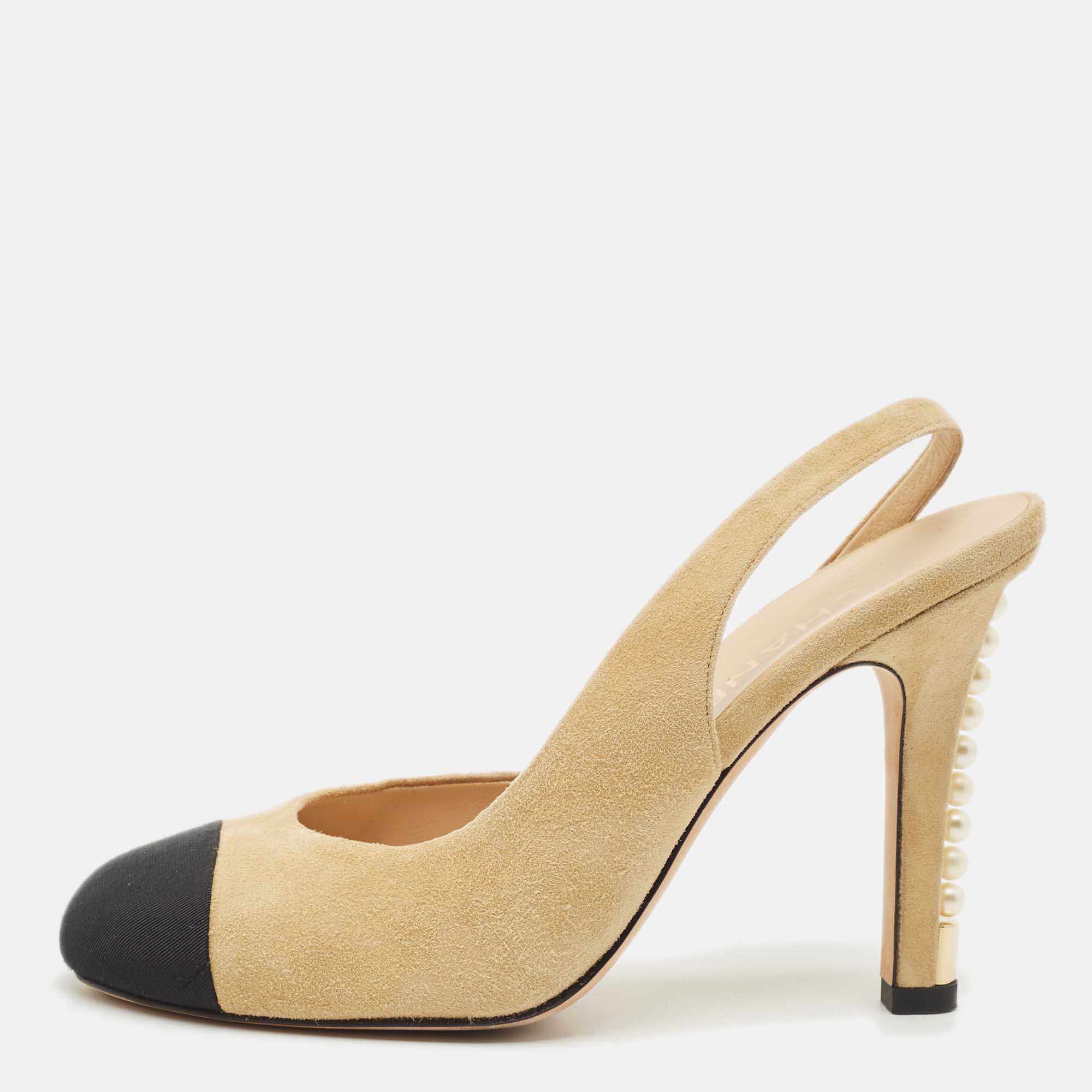 Chanel Beige/Black Canvas and Suede CC Cap Toe Pearl Slingback Pumps Size 39