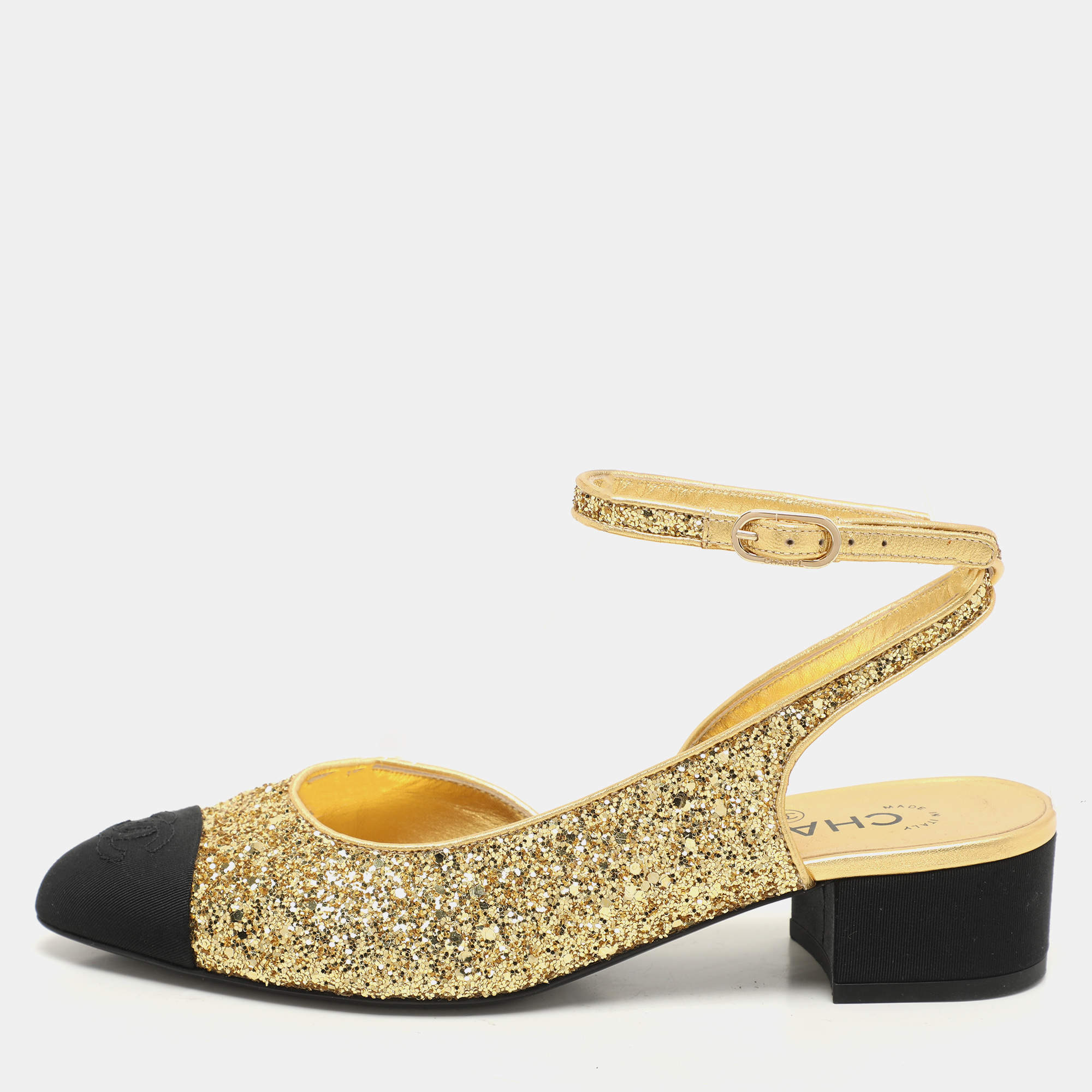 Pre Owned Chanel Gold/Black Fabric and Glitter CC Ankle Strap Pumps Size 37.5