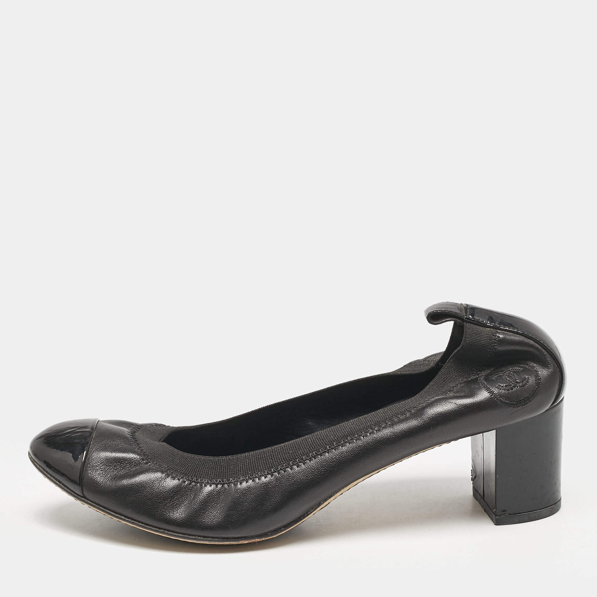 Chanel Black Leather Cap Toe Scrunch Block Heel Pumps Size 39