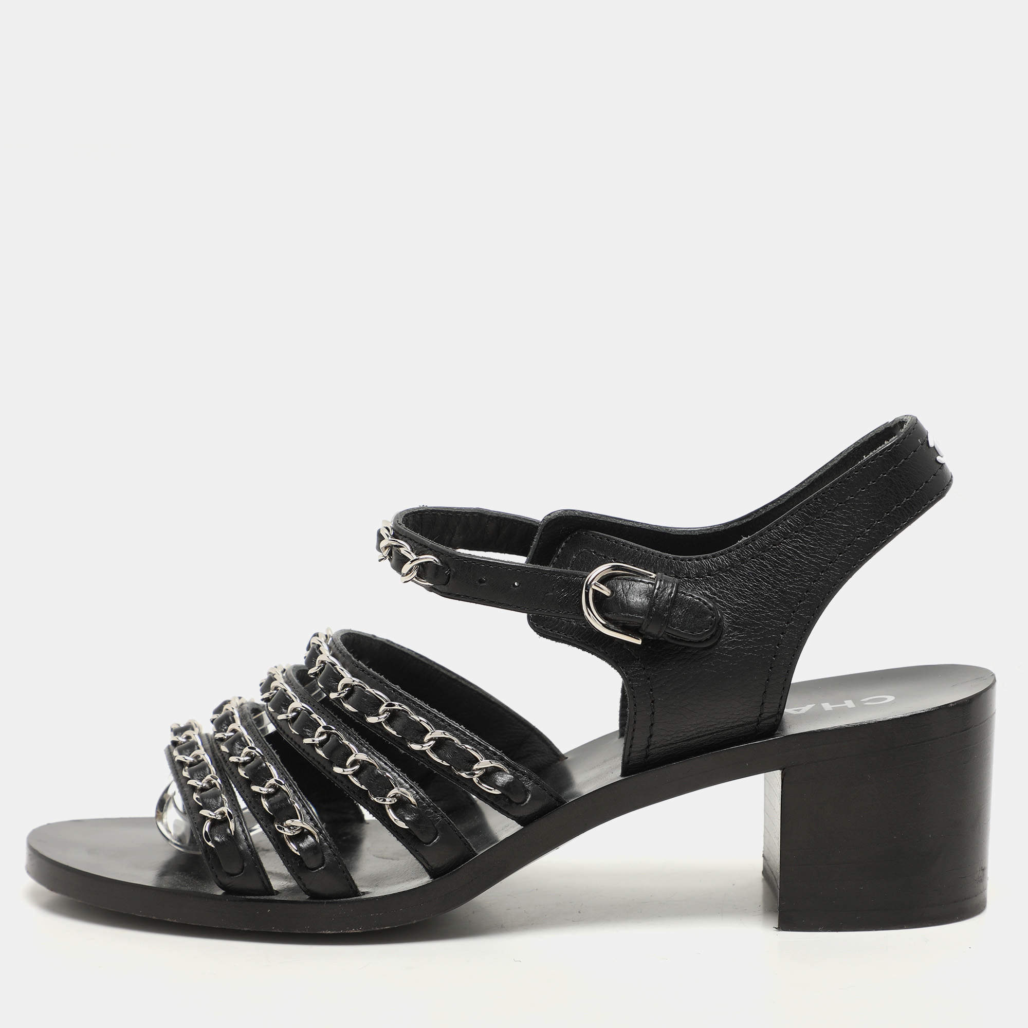 مملوكة مسبقًا Chanel Black Leather CC Chain Detail Ankle Strap Sandals Size 37