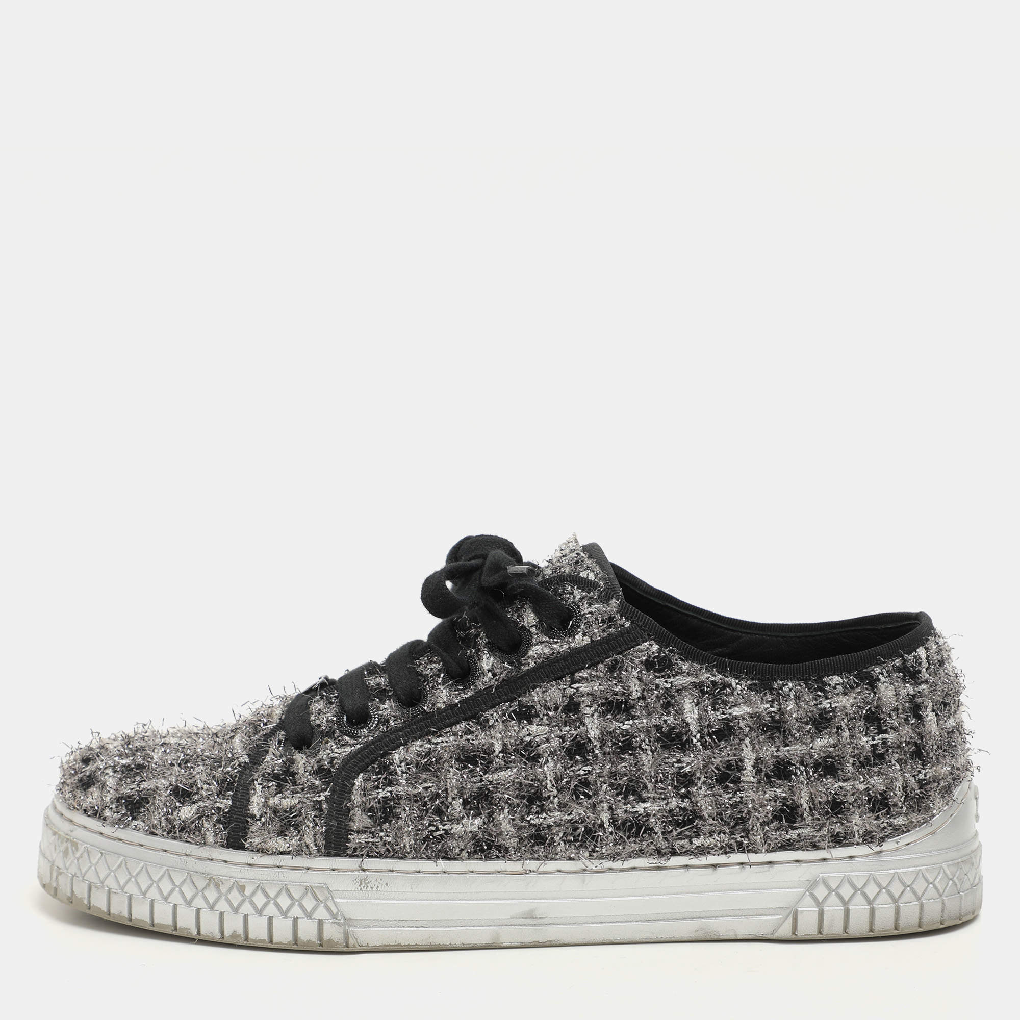 Chanel Silver/Black Lurex Fabric CC Low Top Sneakers Size 37