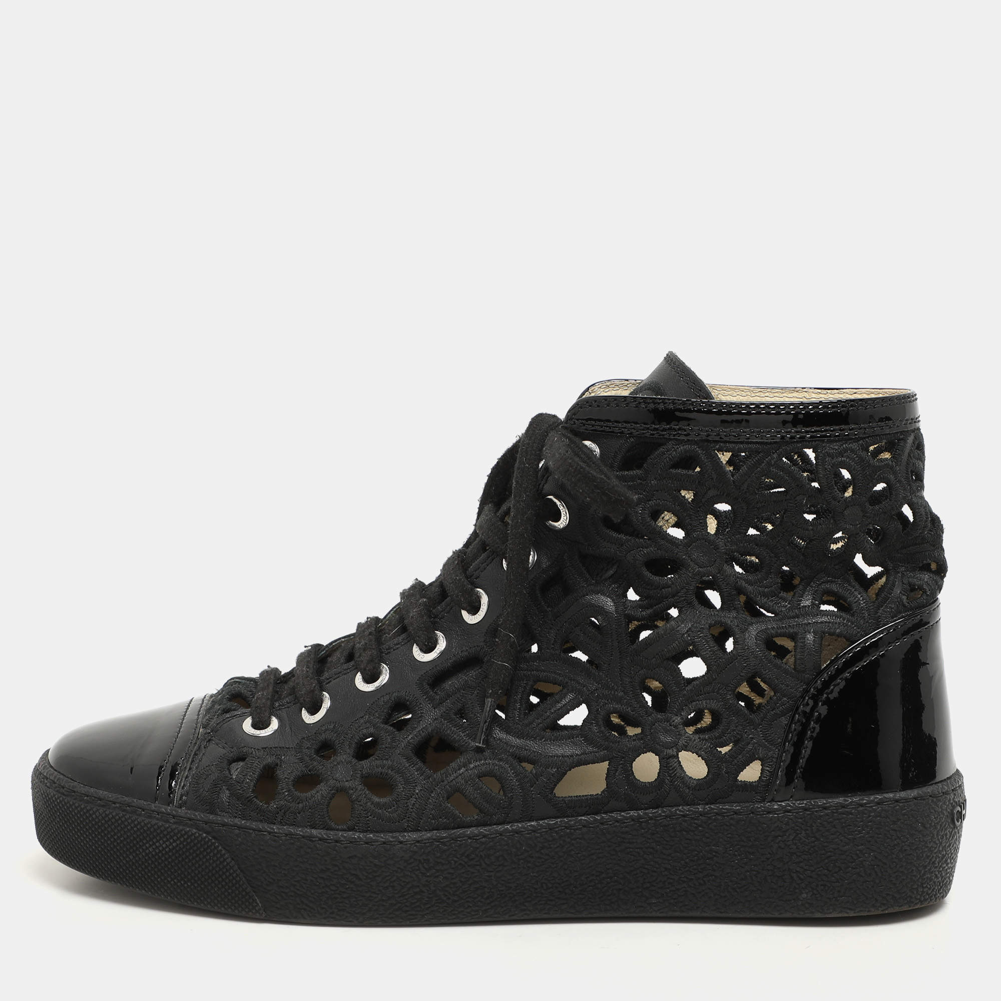 Chanel Black Cut Out Leather CC Cap Toe High Top Sneakers Size 36.5