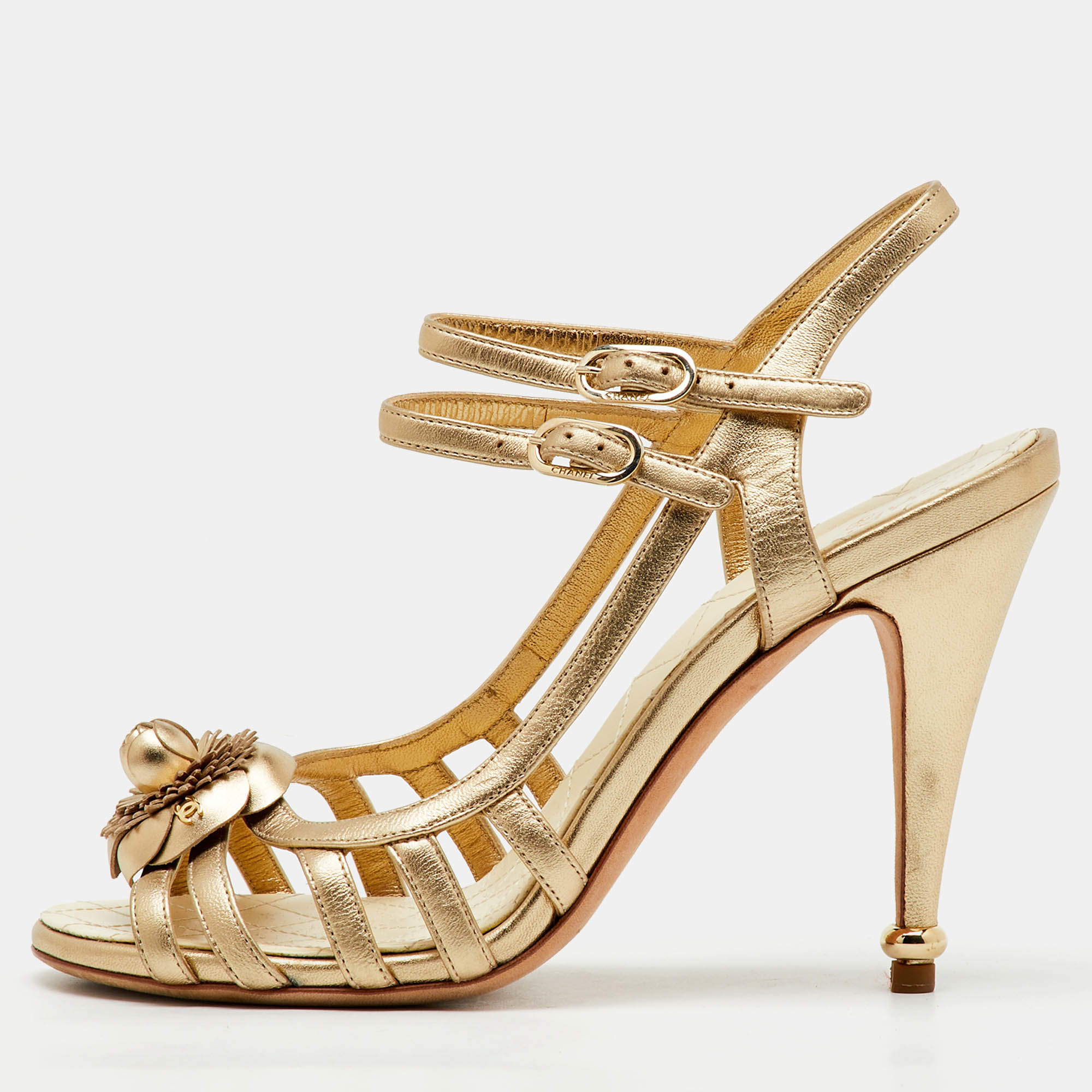 Chanel Metallic Gold Leather CC Camellia Ankle Strap Sandals Size 39